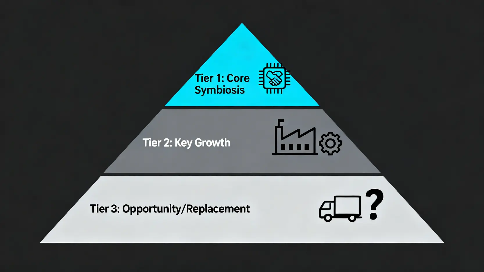 半導體供應鏈三層金字塔模型圖,頂層為核心共生層,中層為關鍵成長層,底層為機會替代層。