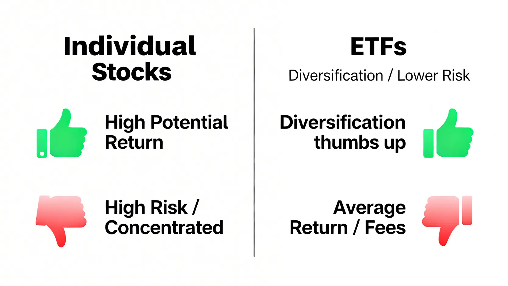 投資個股與投資ETF的優劣勢對比圖,分析了潛在回報、風險、分散性與成本等方面的差異。