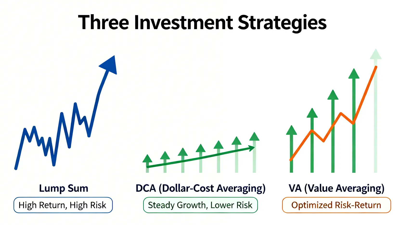 三種主要投資策略(一次性投入、定期定額、價值平均)的比較圖,展示了它們各自的風險與回報特性。