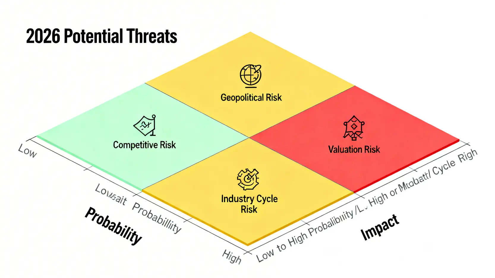 2026年半導體投資的風險矩陣圖,從發生機率和衝擊程度兩個維度分析了地緣政治、行業週期、競爭格局和估值過高四大風險。