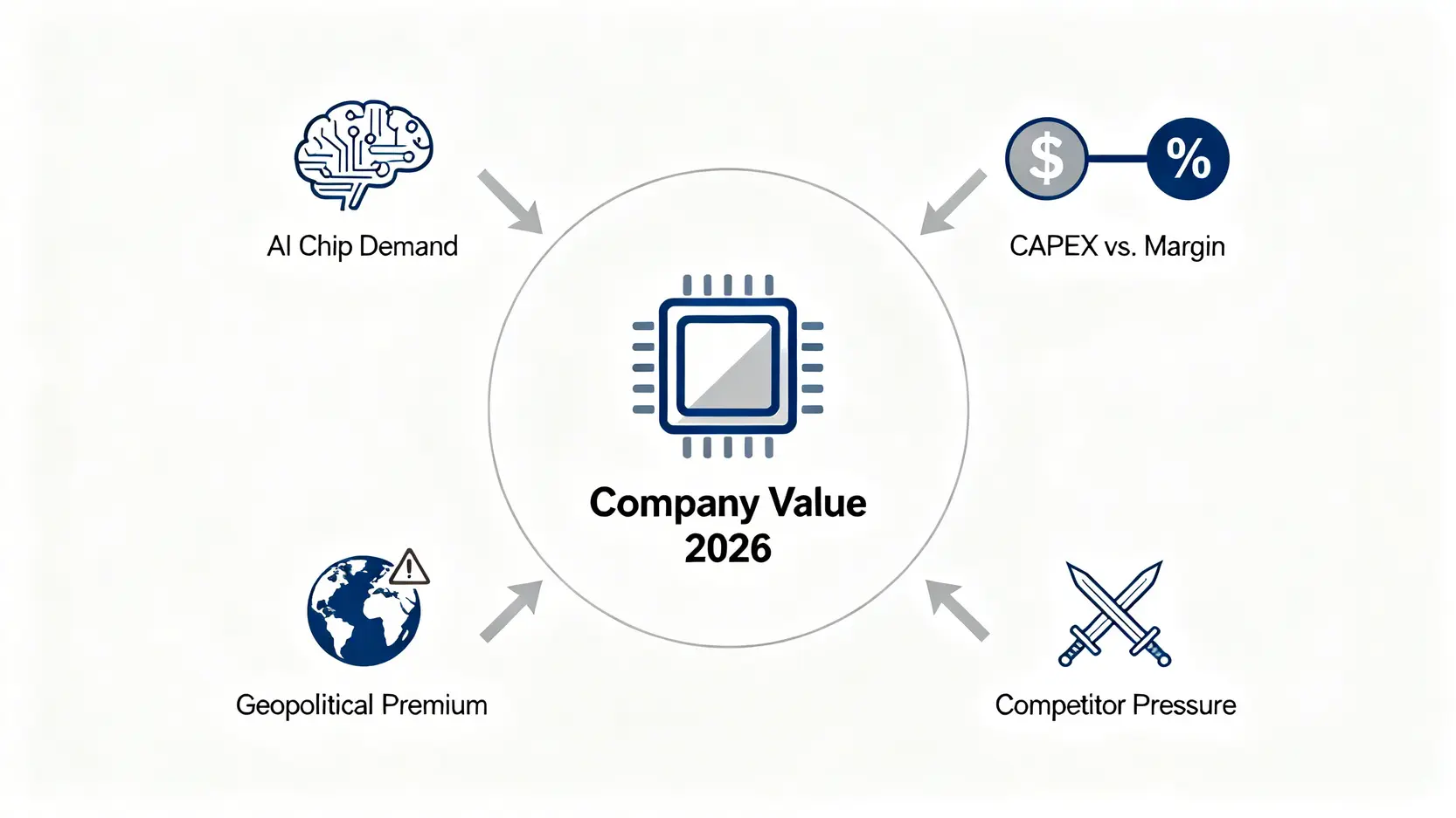 一張概念示意圖,中心是一個標有「公司價值2026」的晶片,四個箭頭指向它,分別代表AI晶片需求、資本支出與毛利率的拉鋸、地緣政治溢價、以及競爭者壓力等四個影響股價的變數。