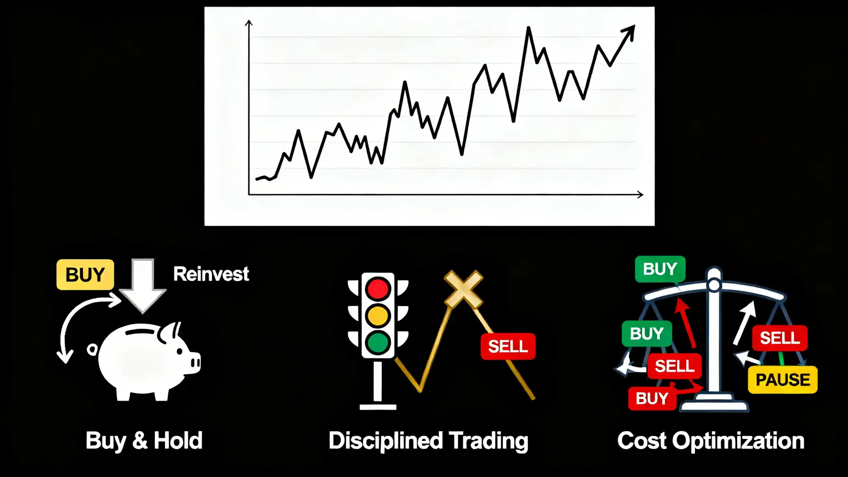 一張圖表,展示三種投資策略在一個波動的股價走勢圖上的不同操作。佛系存股是一次性買入並持有;紀律交易是在特定指標出現時買賣;成本優化則是在股價下跌時分批買入。