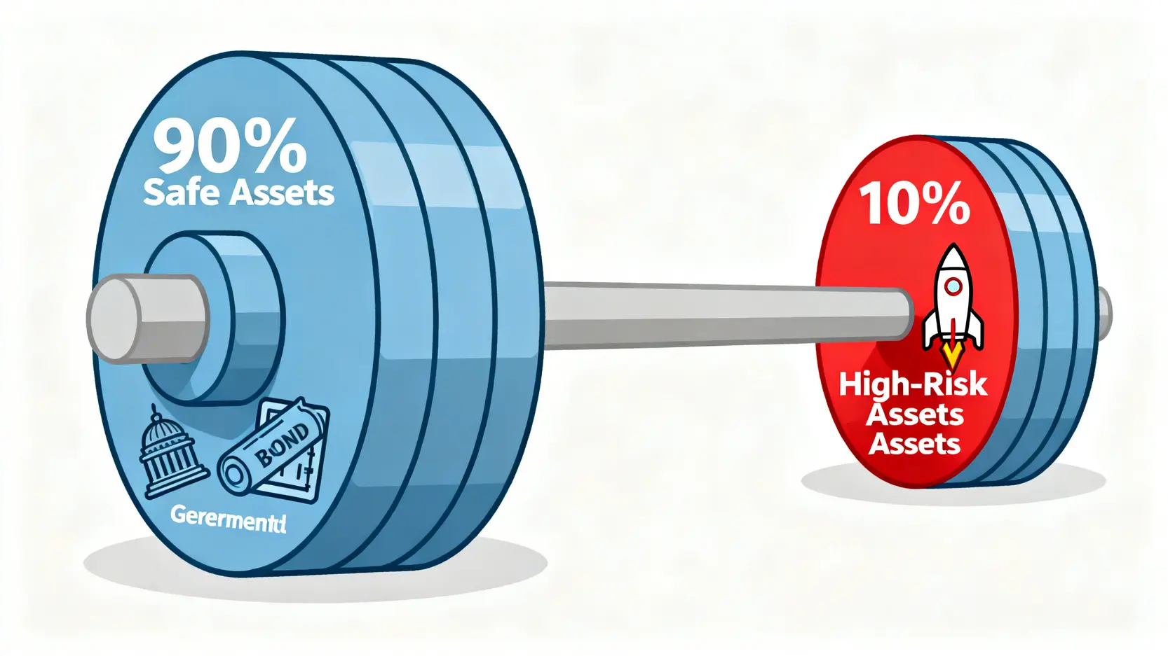 槓鈴投資策略示意圖,一端是90%的安全資產,另一端是10%的高風險資產。
