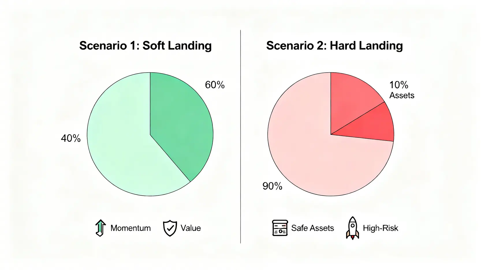 軟著陸與硬著陸兩種經濟情境下的投資策略配置對比圖。