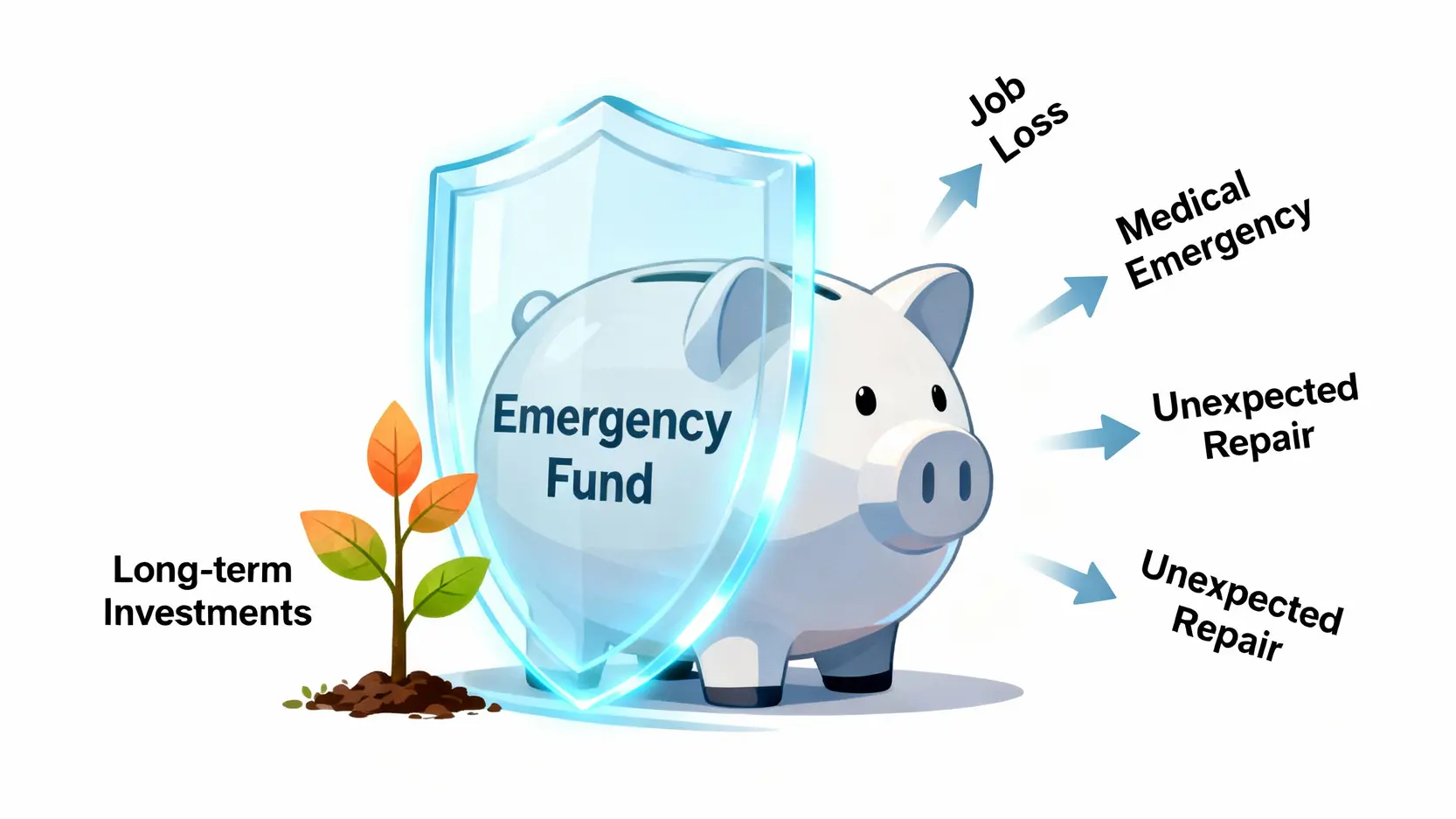 一張緊急預備金概念圖,展示一個盾牌保護著存錢筒,抵禦來自失業、醫療等突發事件的衝擊,而長期投資的樹苗在後方安全成長。