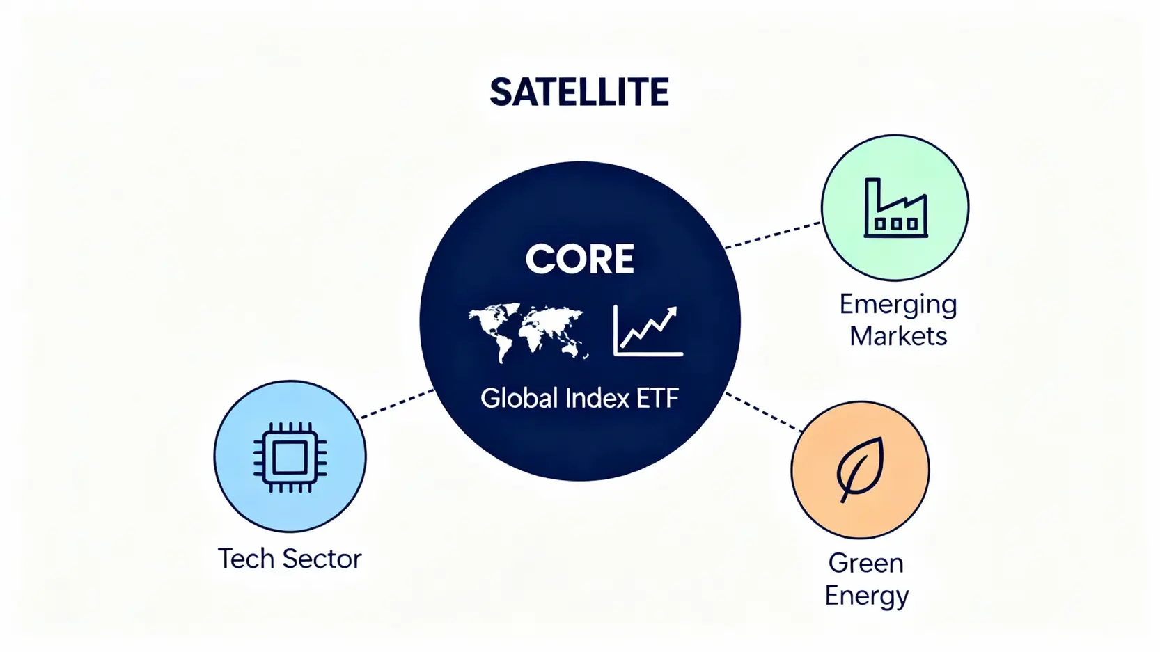 核心衛星投資策略示意圖,中心是一個代表全球指數ETF的核心資產,周圍環繞著代表科技、新興市場等特定主題的衛星資產。