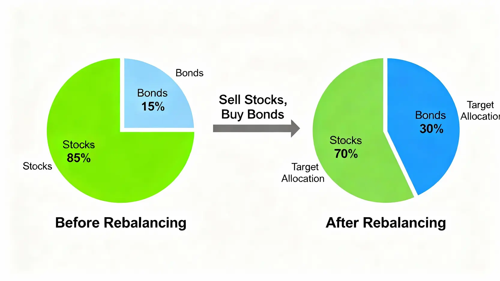 資產再平衡前後對比圖,顯示一個從股債比85:15的失衡狀態,透過賣股買債,調整回70:30目標比例的過程。
