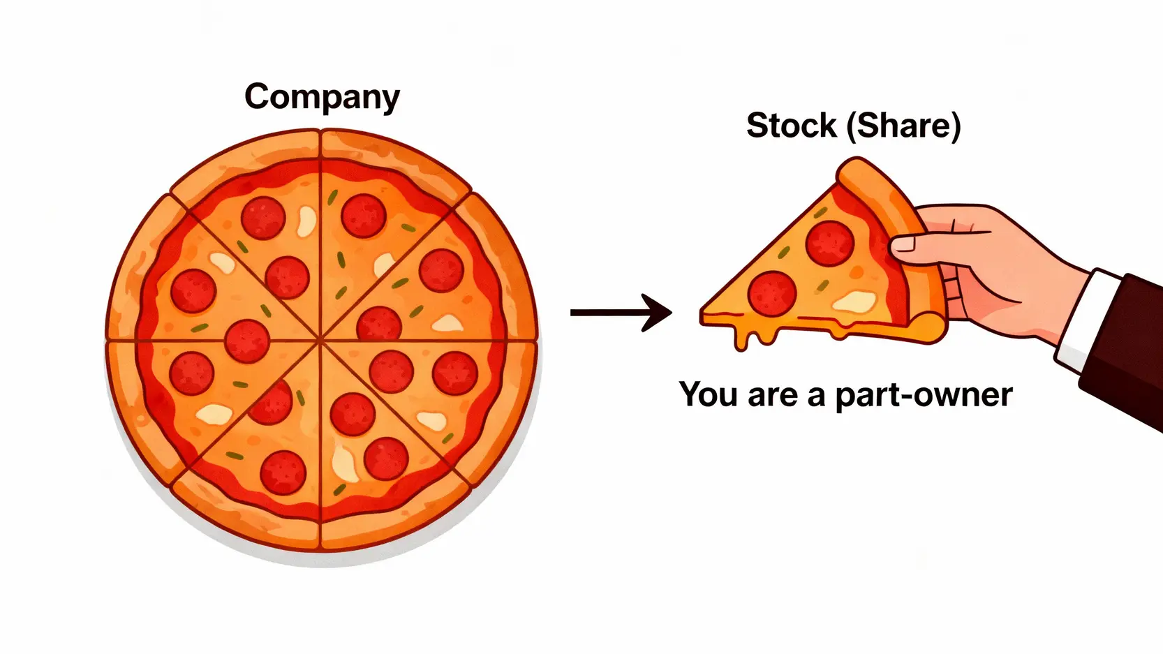 一張概念圖解釋股票是什麼,左邊是一個標示為「公司」的完整披薩,右邊是一隻手拿著一片標示為「股票」的披薩。