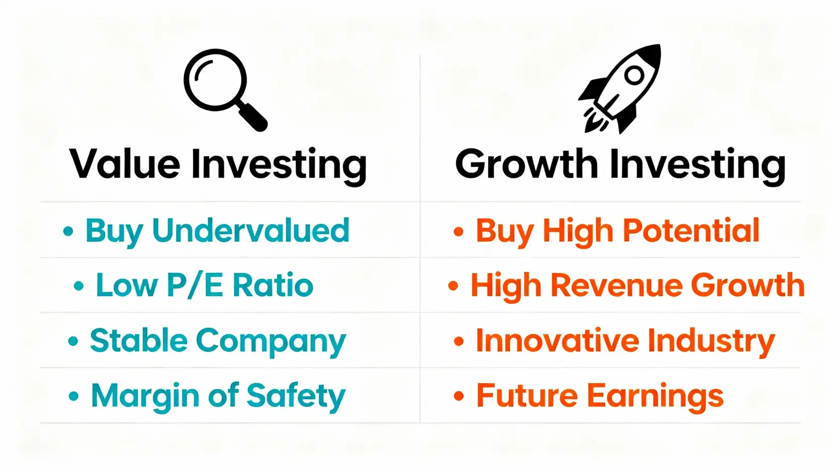 一張對比圖,左邊是價值投資策略,關鍵字包括低本益比和穩定公司;右邊是成長投資策略,關鍵字包括高營收成長和創新產業。