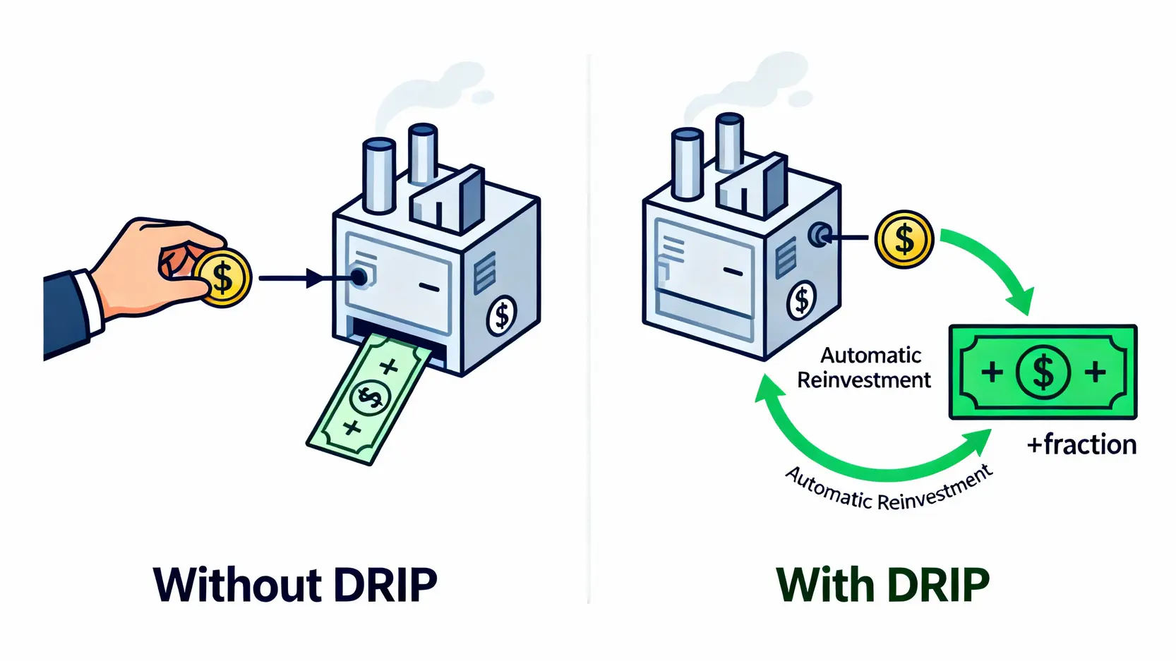 一張比較有無股息再投資計畫(DRIP)流程的示意圖。