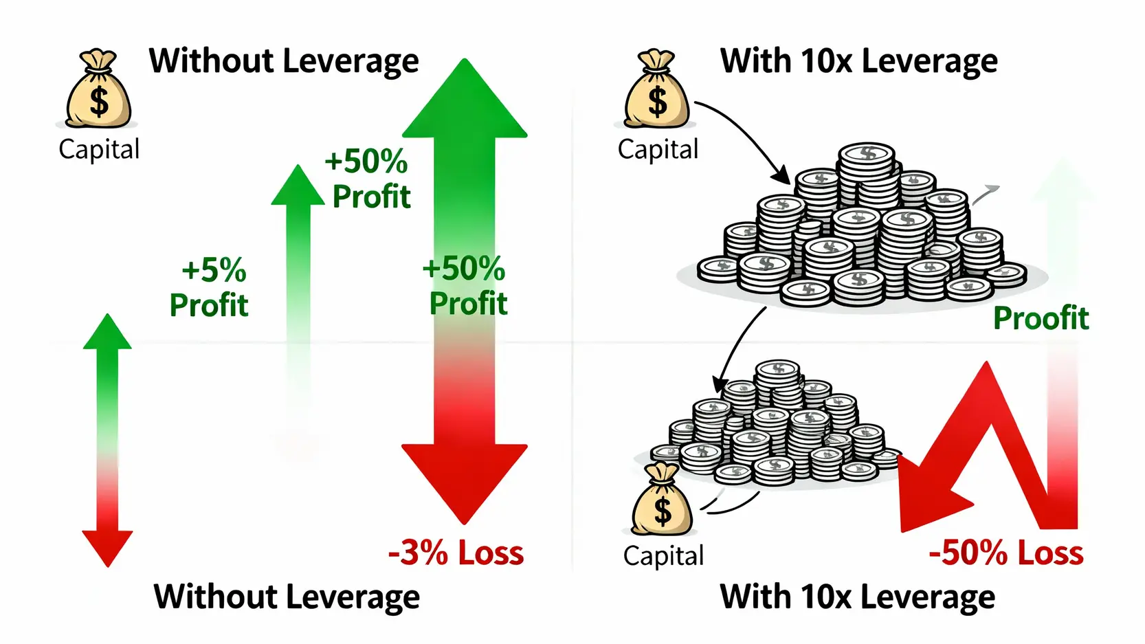 槓桿效應對比圖,展示使用10倍槓桿後,相同的市場波動如何導致10倍的利潤或虧損。