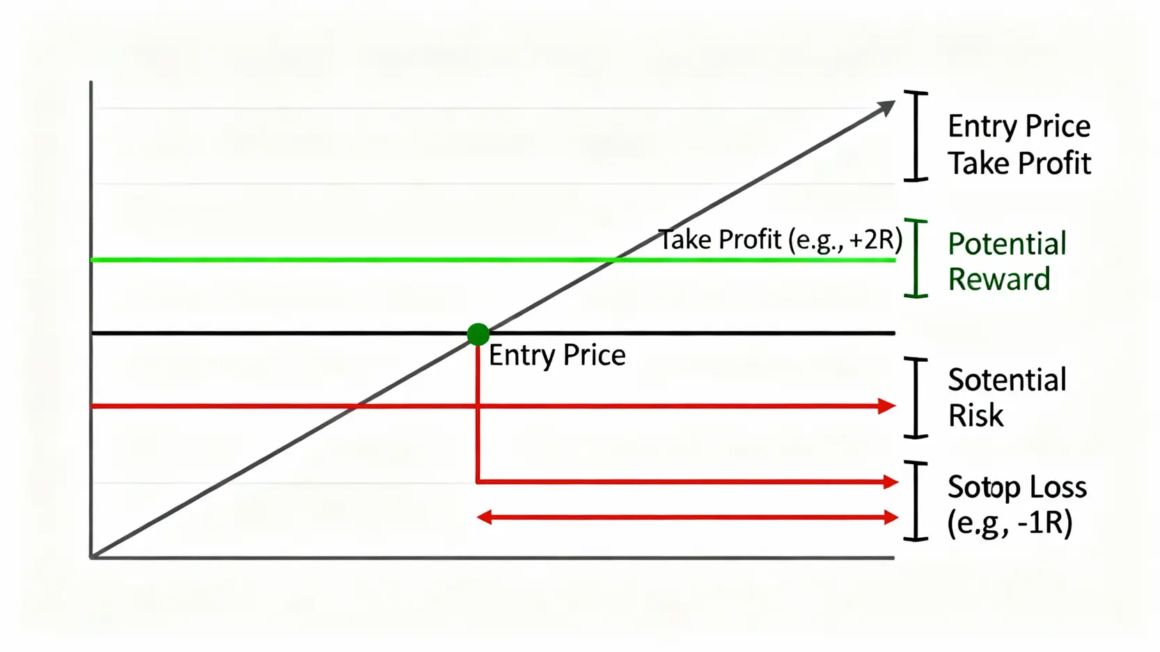 風險管理示意圖,顯示在價格圖表上的進場點、止損點和止盈點,以及風險回報比的概念。