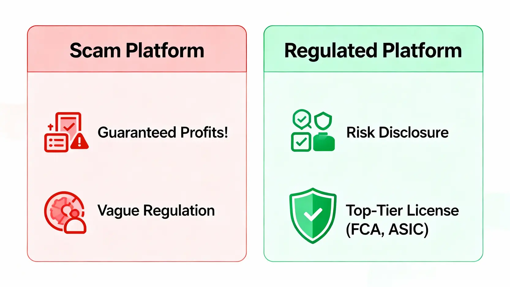 詐騙平台與合規平台的對比圖,展示了詐騙平台的保證獲利等危險信號,以及合規平台的風險揭露和頂級監管等安全特徵。