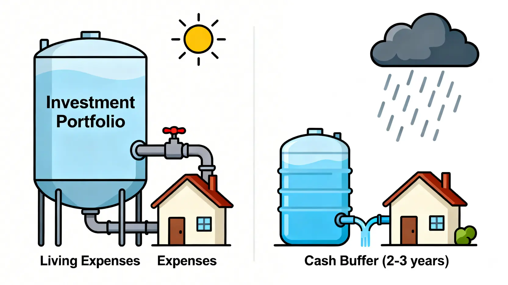 現金緩衝策略示意圖,顯示在市場狀況不佳時,動用現金緩衝支付生活費,以避免在低點賣出投資組合。