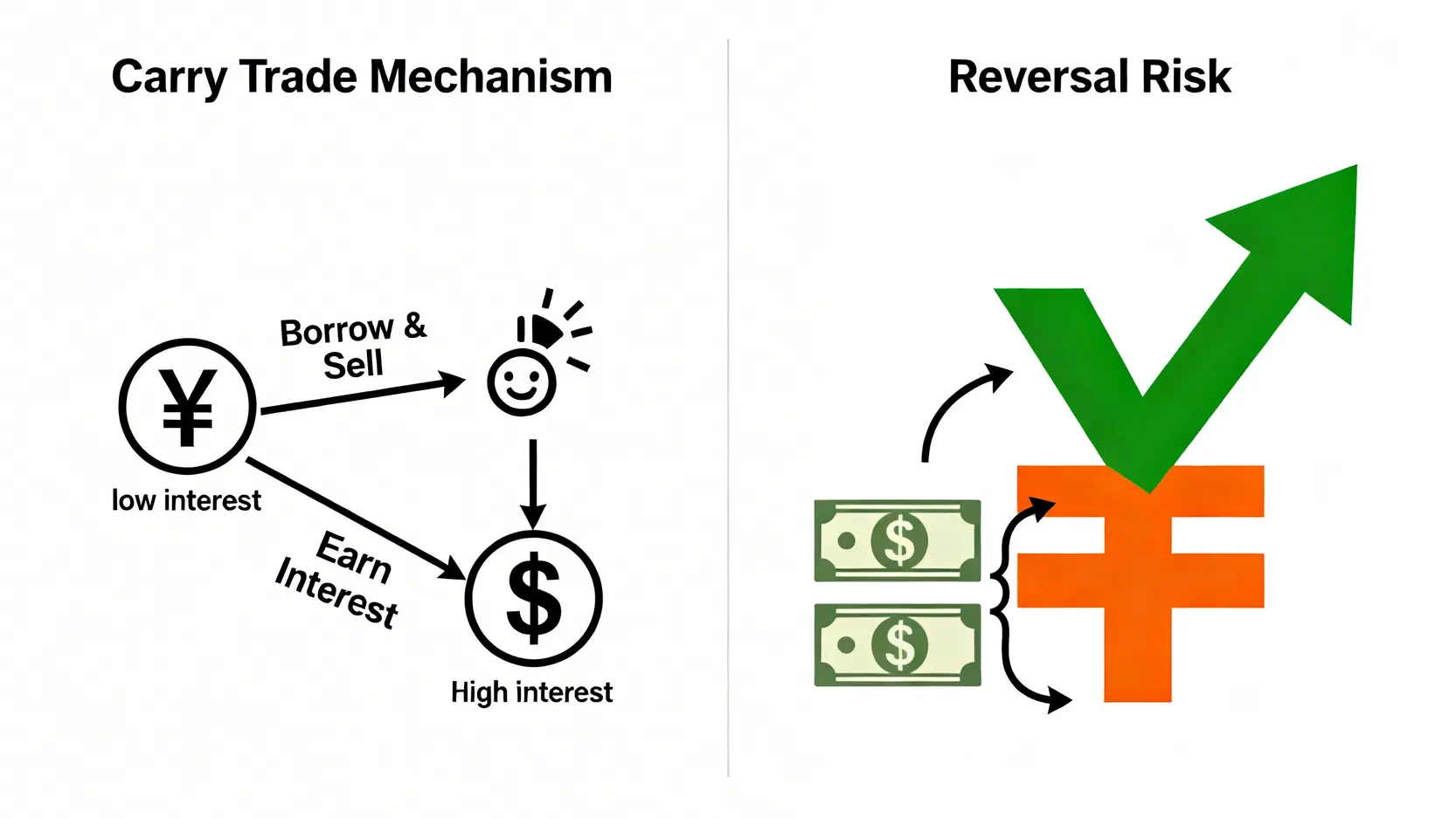 日圓利差交易機制與逆轉風險示意圖