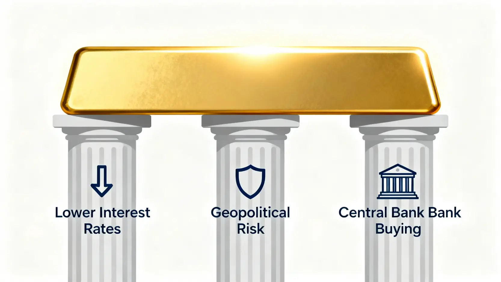 一張概念圖,展示支撐2026年黃金價格的三大支柱:利率政策、地緣政治風險與全球央行需求。
