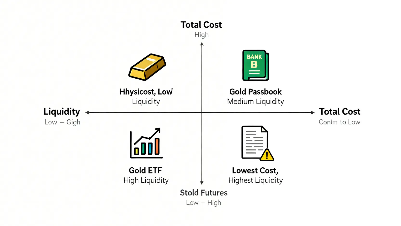 一張四象限對比圖,從成本與流動性兩個維度比較四種黃金投資工具:實體黃金、黃金存摺、黃金ETF與黃金期貨。