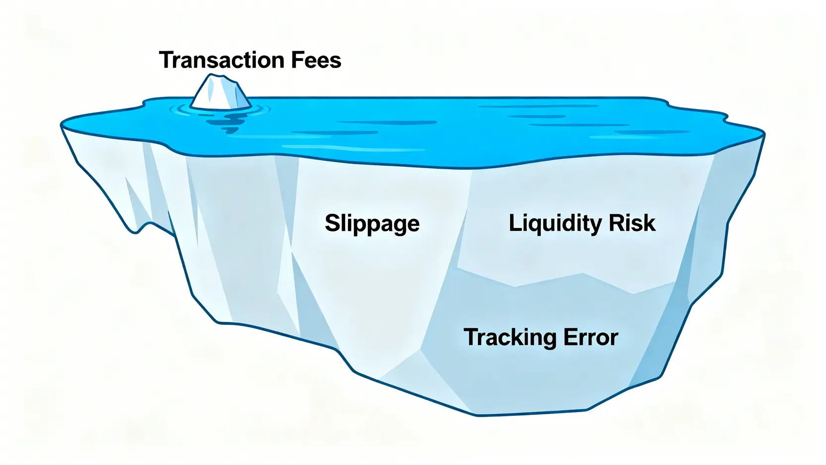 一張冰山圖,說明黃金投資中的隱性成本。可見的手續費只是冰山一角,而水面下的滑點、流動性風險和追蹤誤差是更大的成本。