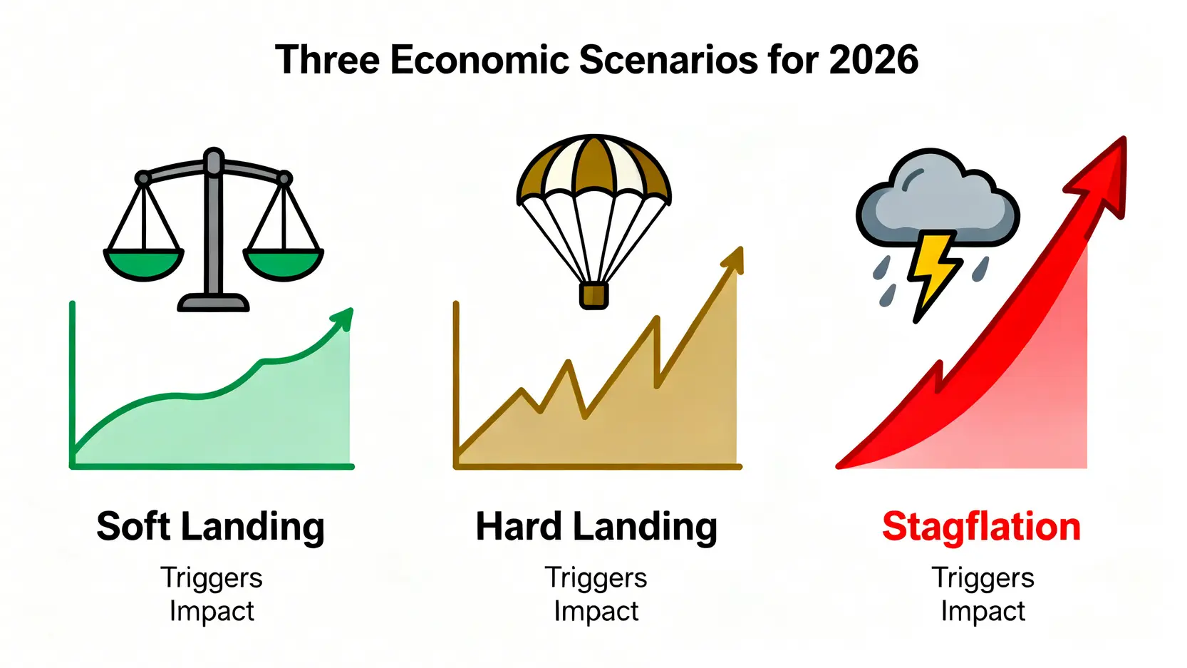 2026年影響黃金走勢的三大宏觀經濟情境圖:軟著陸(盤整)、硬著陸(上漲)、停滯性通膨(飆升)。