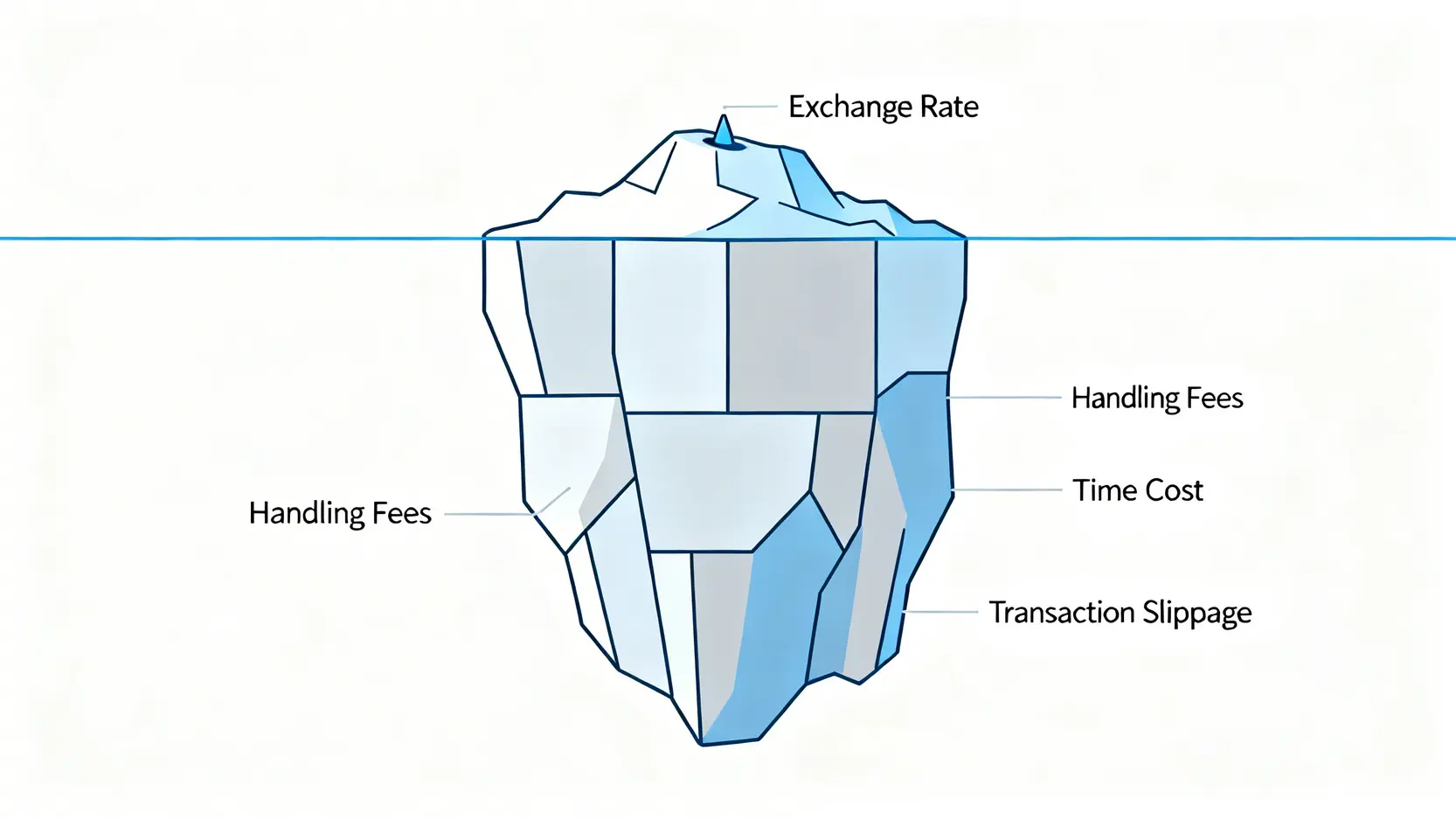 一張冰山圖,說明換匯的總成本概念,其中匯率只是可見的一小部分,而手續費、時間成本等隱藏成本則佔據了水面下更大的部分。