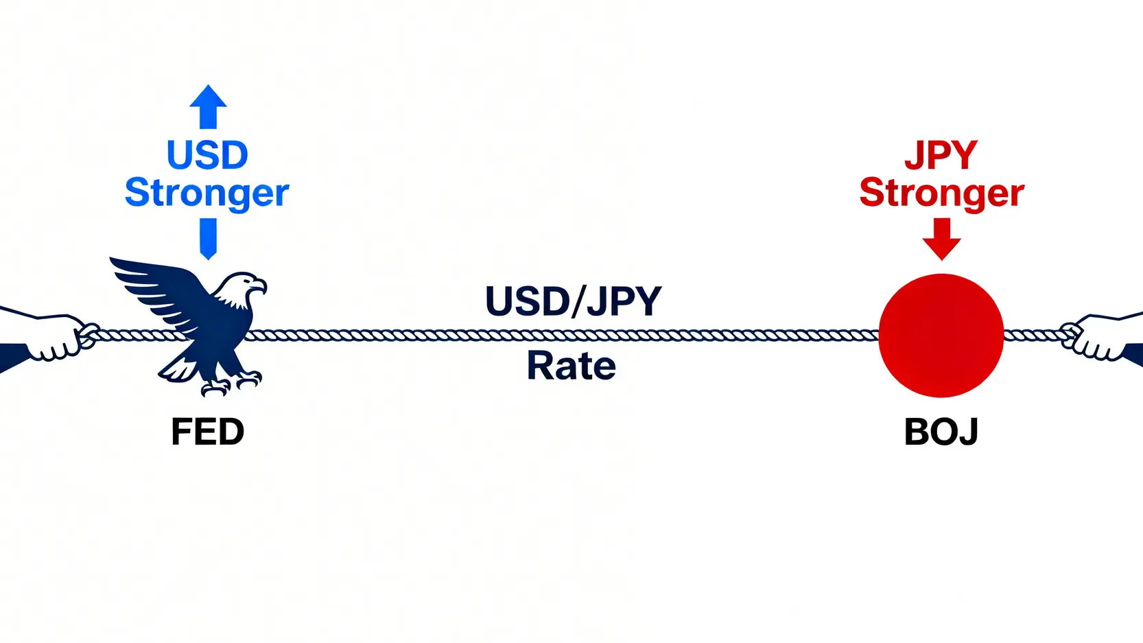 美元與日圓政策拔河概念圖,顯示美國聯準會和日本央行對匯率的相反影響。