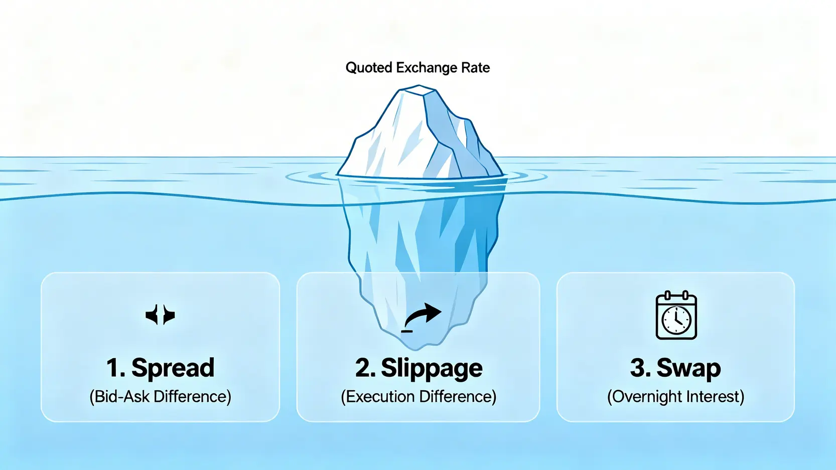 外匯交易總成本的冰山圖,顯示牌告匯率只是冰山一角,而價差、滑點和隔夜利息是水面下更大的隱性成本。