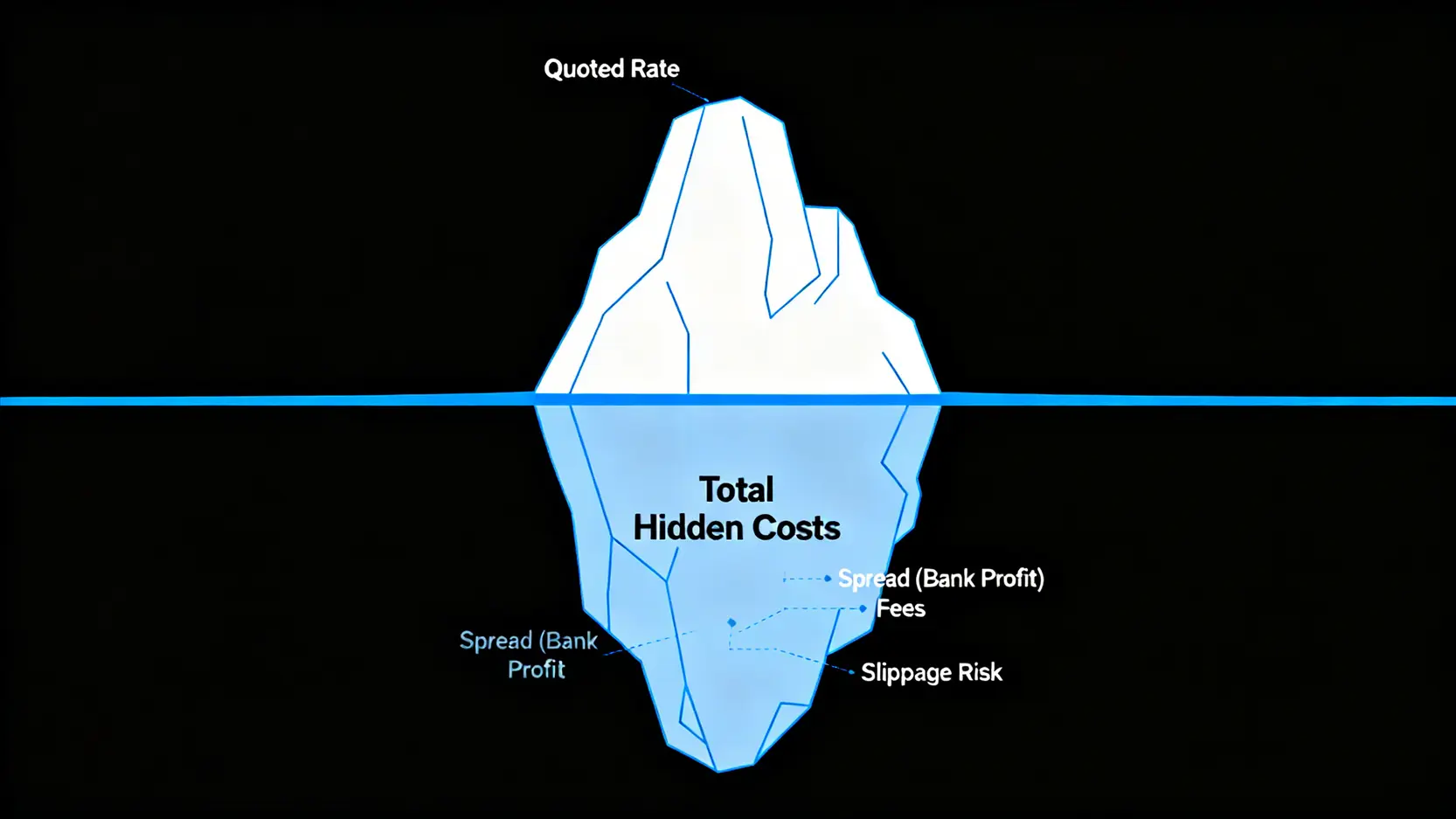 一張冰山圖,解釋換匯的隱藏成本。水面上的牌告價只是冰山一角,水面下更大的部分是價差、手續費和滑點等真實成本。
