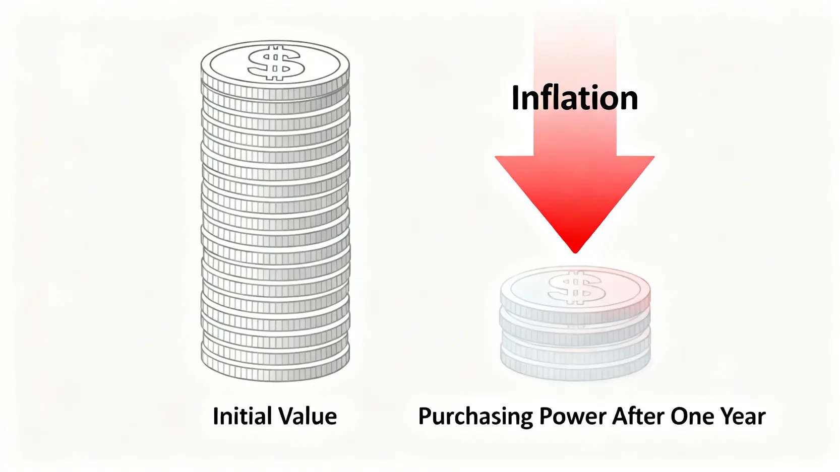 一張概念圖,顯示通膨如何降低金錢的實際購買力,一個錢堆因通膨影響而縮水。