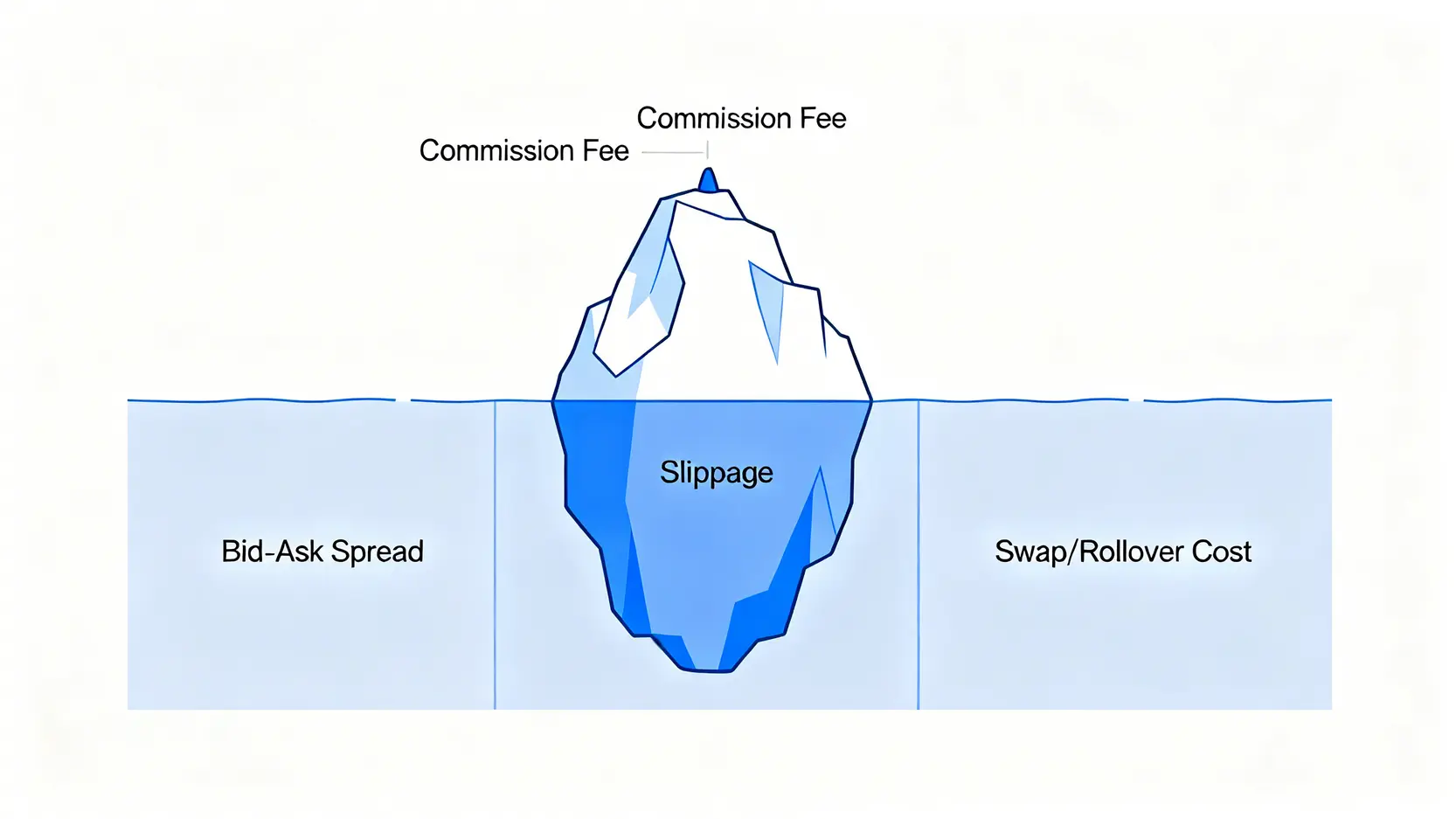 一座冰山圖,形象地說明了外匯交易中的隱性成本,如點差、滑價和隔夜利息,它們遠大於表面上的手續費。