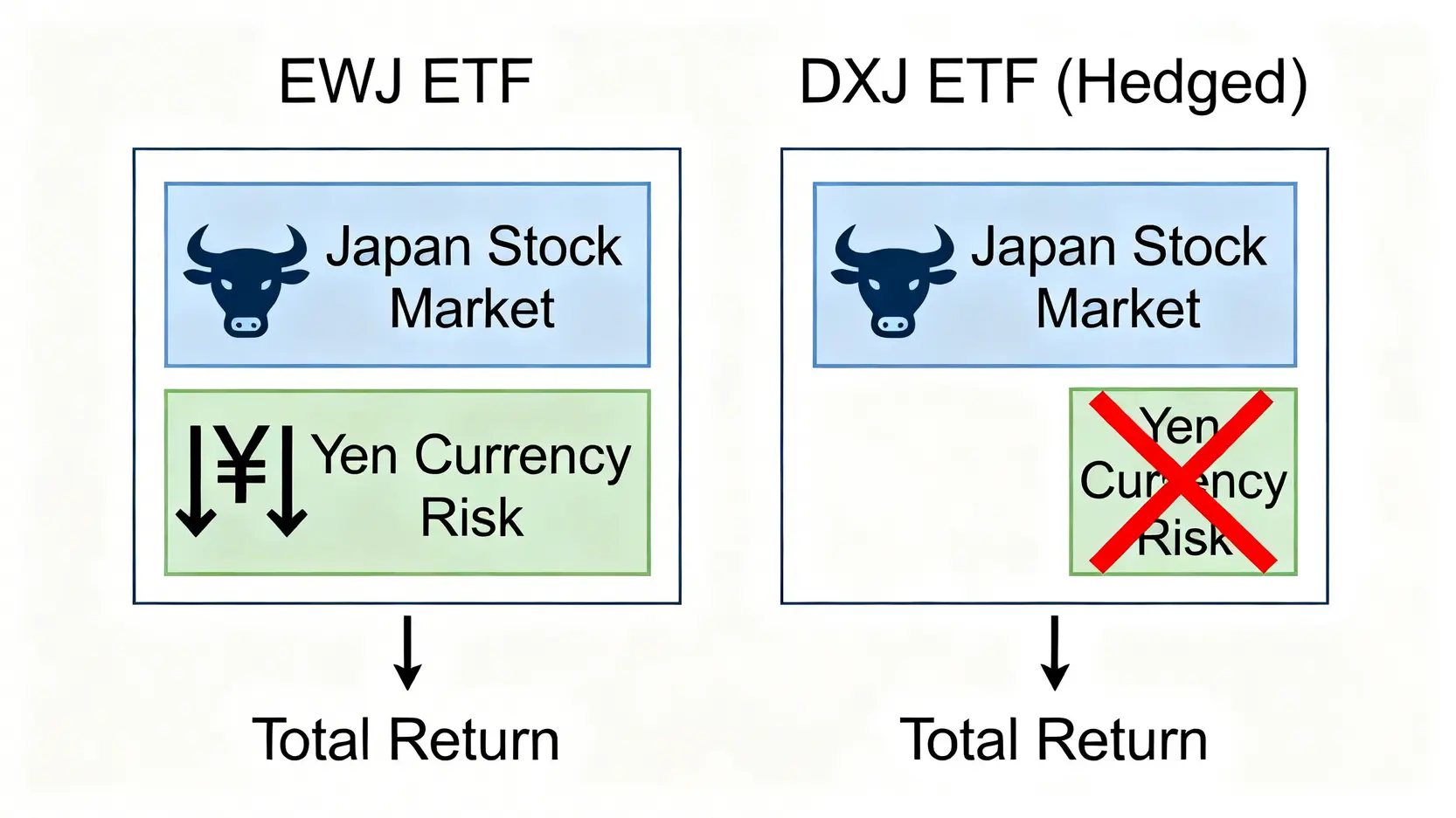 一張對比圖,解釋了EWJ和DXJ兩種日本ETF的區別:EWJ同時承擔股市和日圓匯率風險,而DXJ則對沖了匯率風險。