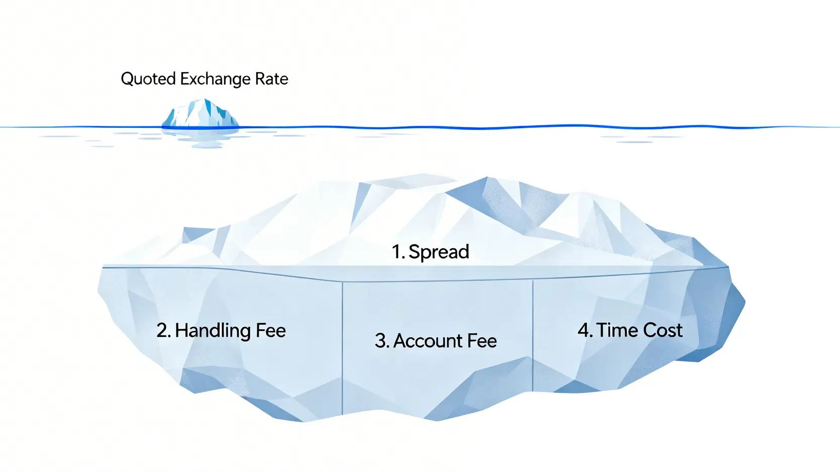 一張冰山圖,說明換匯的表面成本(牌告匯率)與四大隱藏成本(價差、手續費、帳戶費、時間成本)。