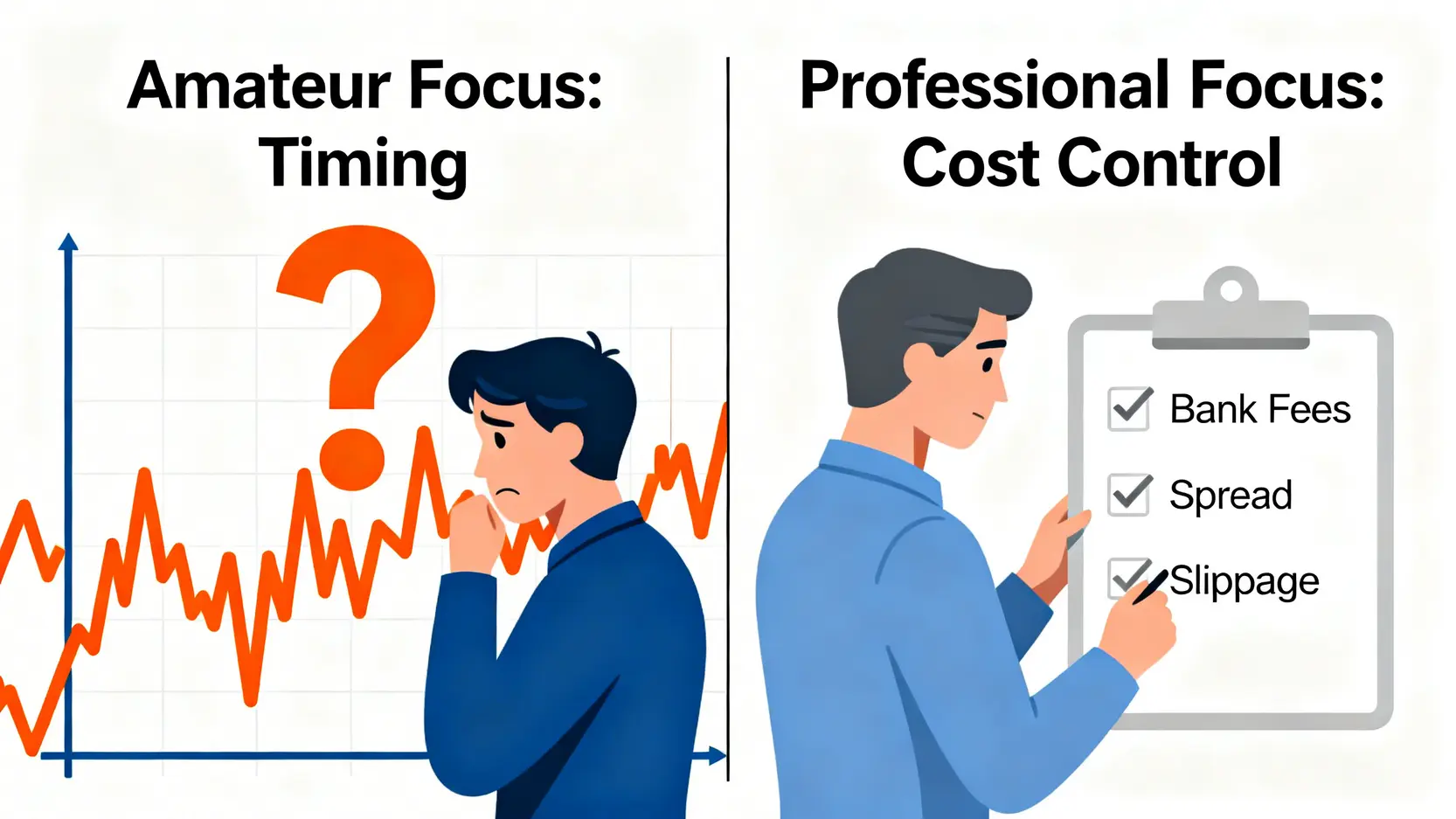 業餘與專業換匯思維對比圖,左邊是試圖預測市場時機的賭徒,右邊是專注於控制成本的策略家。