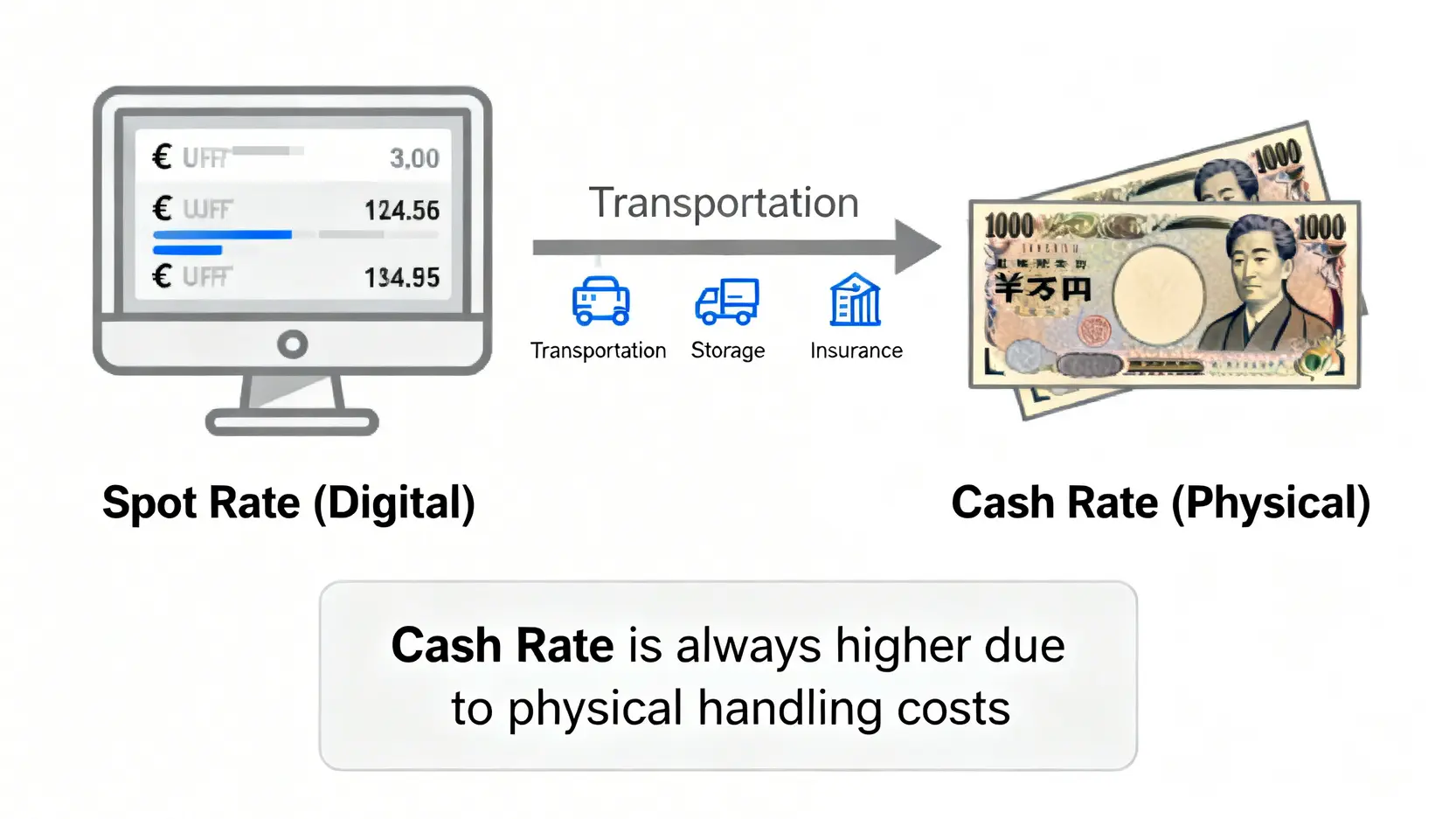 即期匯率與現鈔匯率的差異圖,顯示了因為運輸、保管等實體成本,現鈔匯率總是比即期匯率更貴。