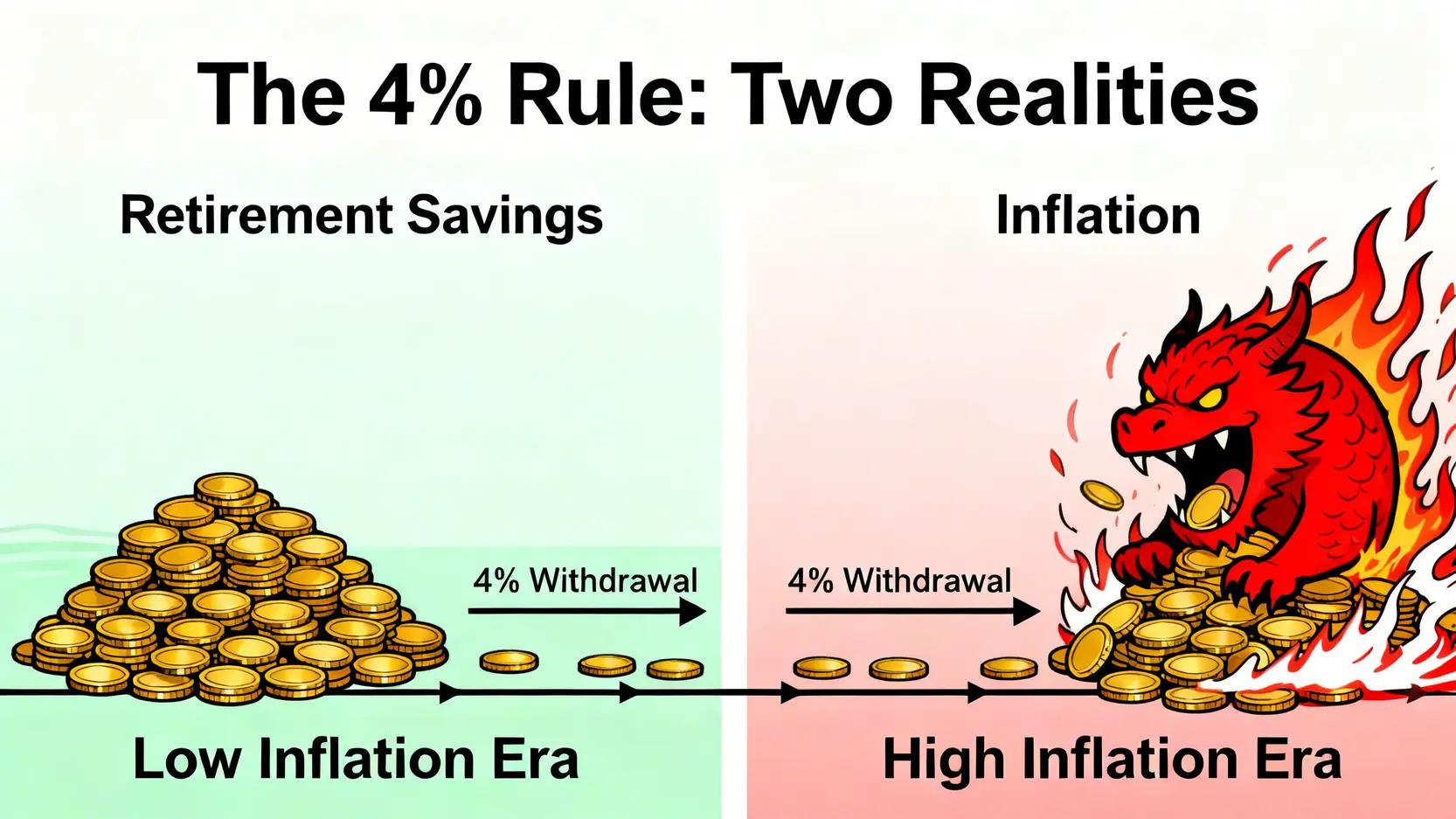 一張對比圖,顯示4%法則在低通膨與高通膨時代下對退休金的不同影響。
