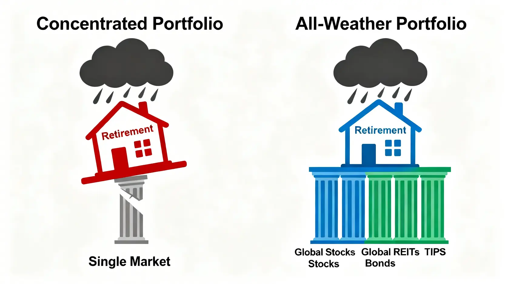 一張概念圖,對比集中式投資組合與全球多元化的全天候投資組合的穩定性。