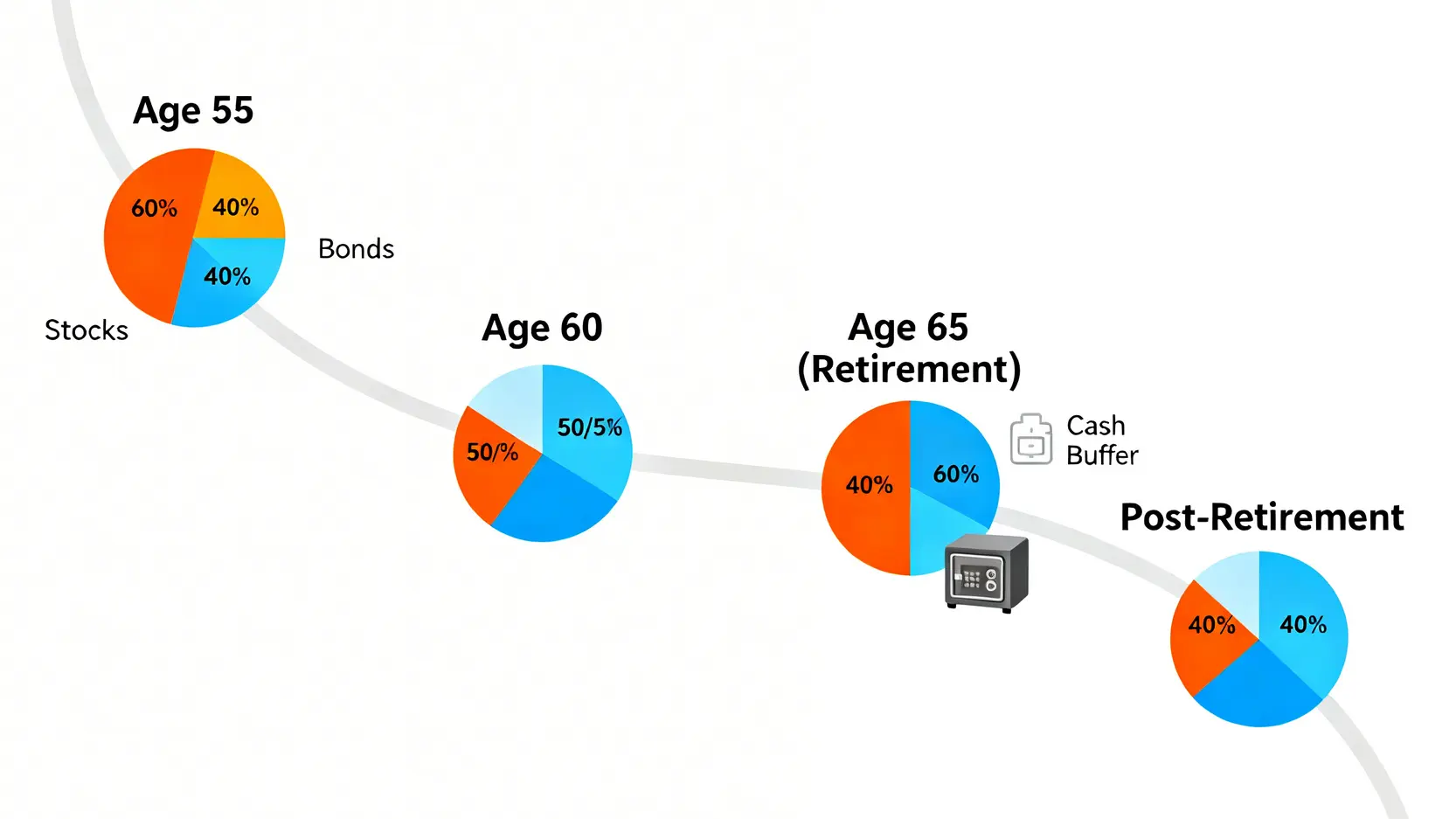 資產配置滑翔路徑示意圖,展示退休前後股票與債券比例的調整。