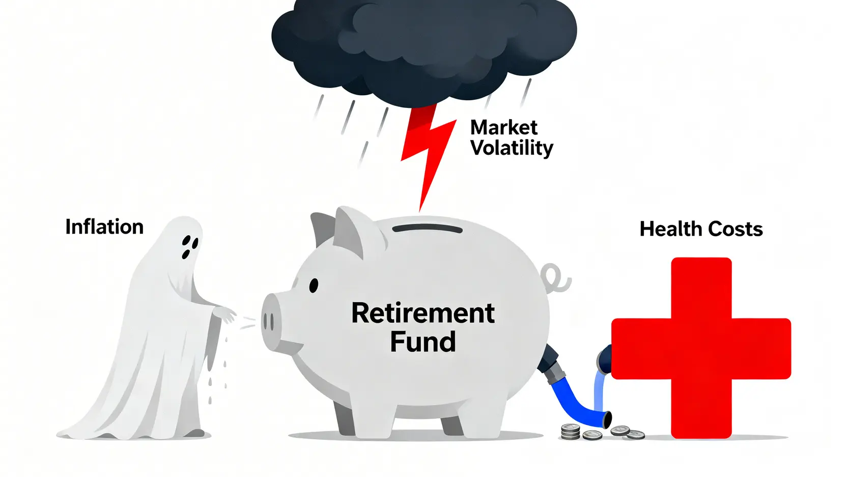 退休金面臨的三大隱藏風險:通膨侵蝕、市場波動與高額醫療開銷。