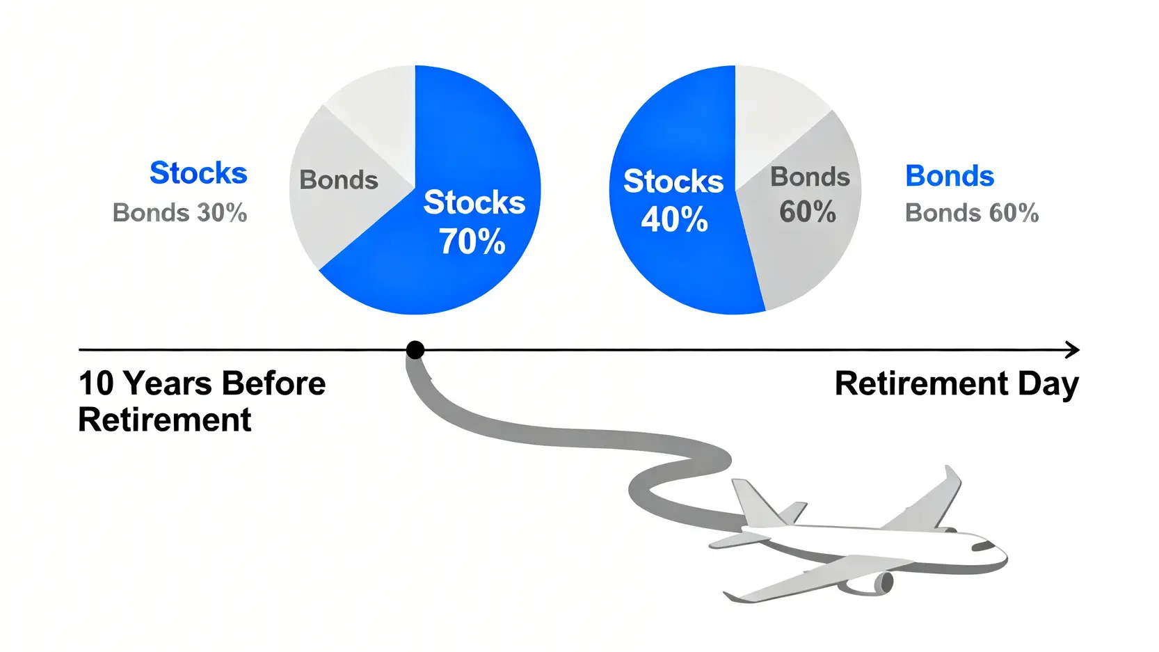 資產配置滑翔路徑示意圖,顯示隨著接近退休日,投資組合中股票比例逐漸降低,債券比例逐漸增加,以求穩定。
