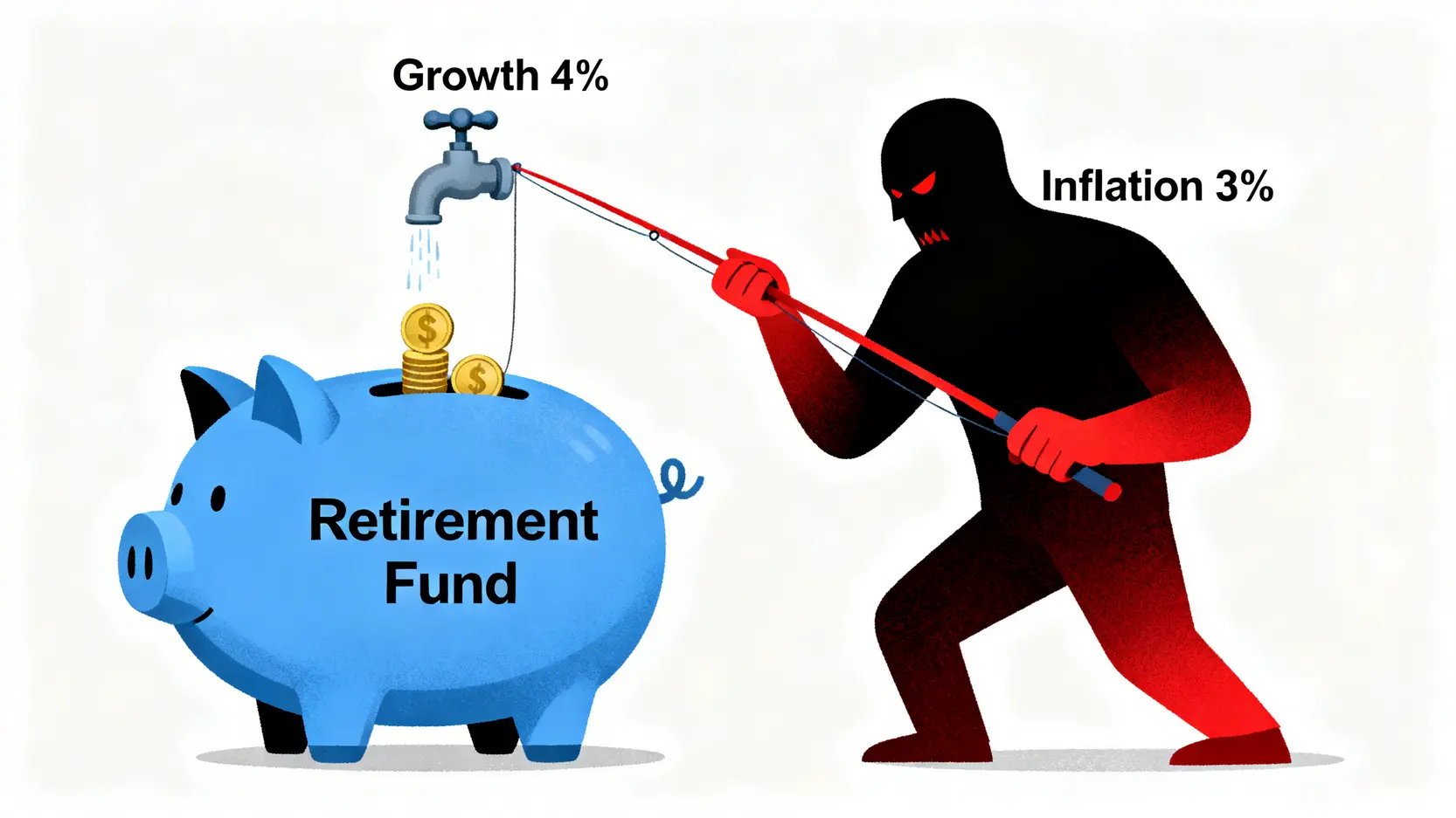 概念圖解4%法則在高通膨下的風險,顯示資產增長速度追不上通膨侵蝕速度。