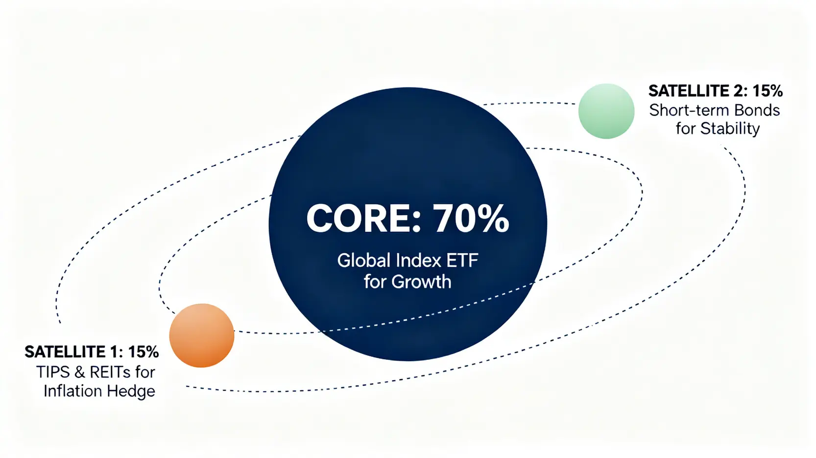 核心衛星投資策略示意圖,顯示70%核心資產與兩個15%衛星資產的配置結構。