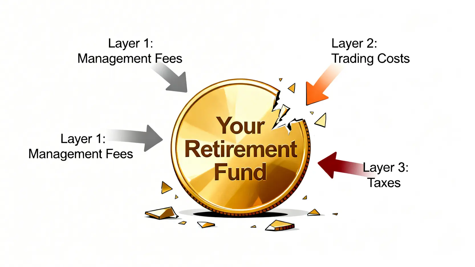 一張概念示意圖,展示退休金面臨的三層成本剝削:第一層是經理費等管理成本,第二層是交易摩擦成本,第三層是稅務拖累。