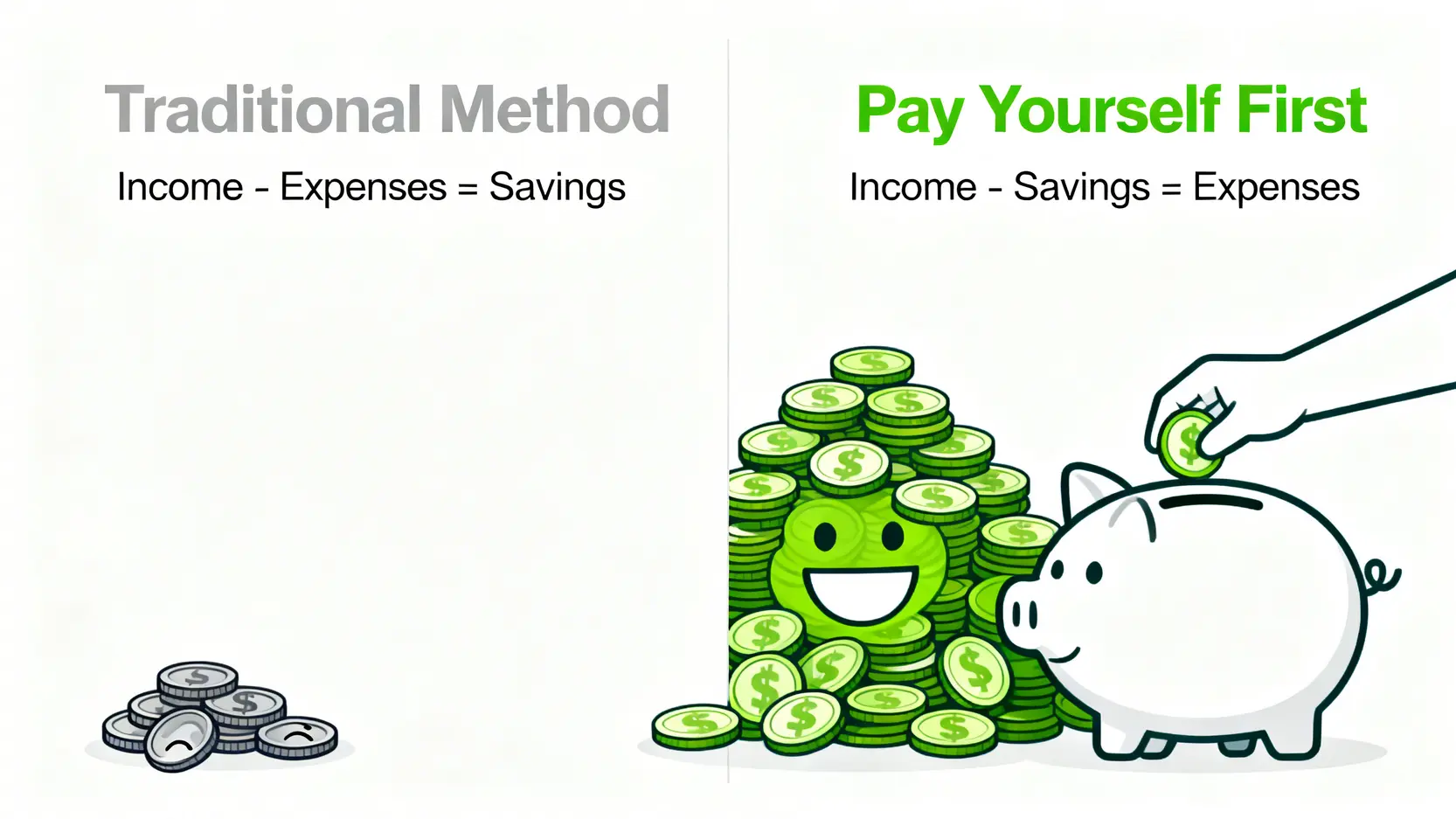 傳統儲蓄法與先付錢給自己儲蓄法的對比圖,顯示了兩種不同理財順序的結果。