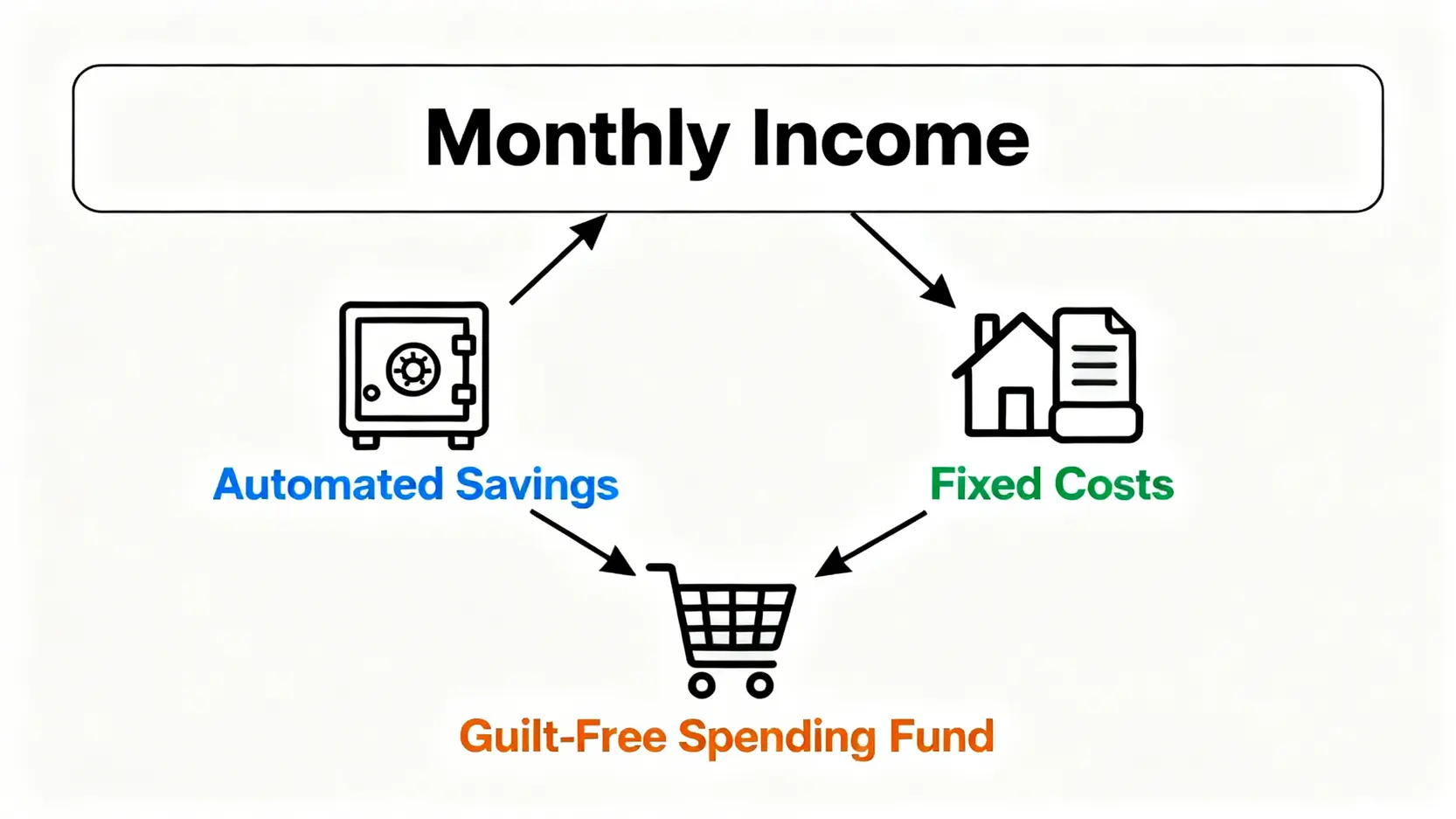 反向預算法的資金流向示意圖,顯示收入先分配至儲蓄和固定支出,剩餘部分才作為可支配開銷。