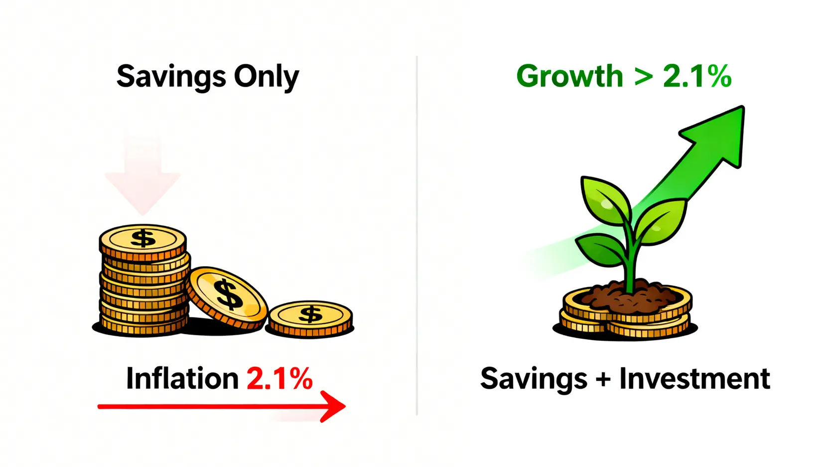 一張對比圖,顯示單純儲蓄的錢因通膨而縮水,而進行投資的錢則能成長並戰勝通膨。