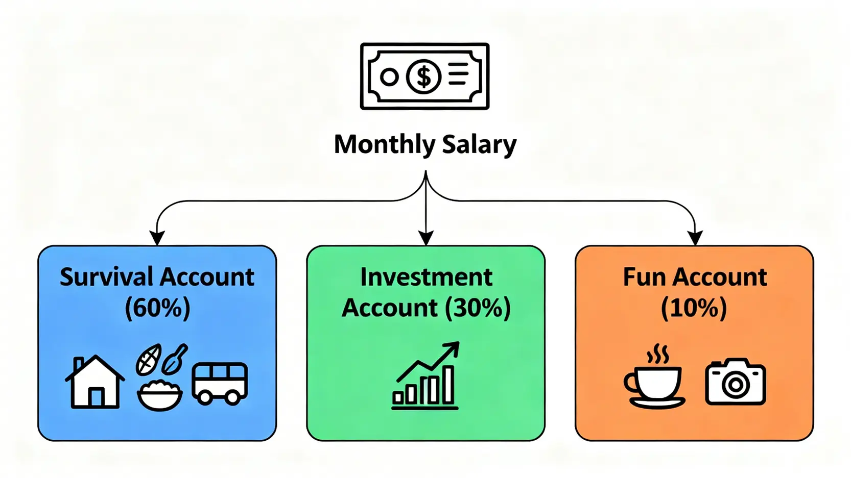 薪資三分法系統流程圖,展示薪水如何自動分配至生存帳戶、投資帳戶與享樂帳戶。