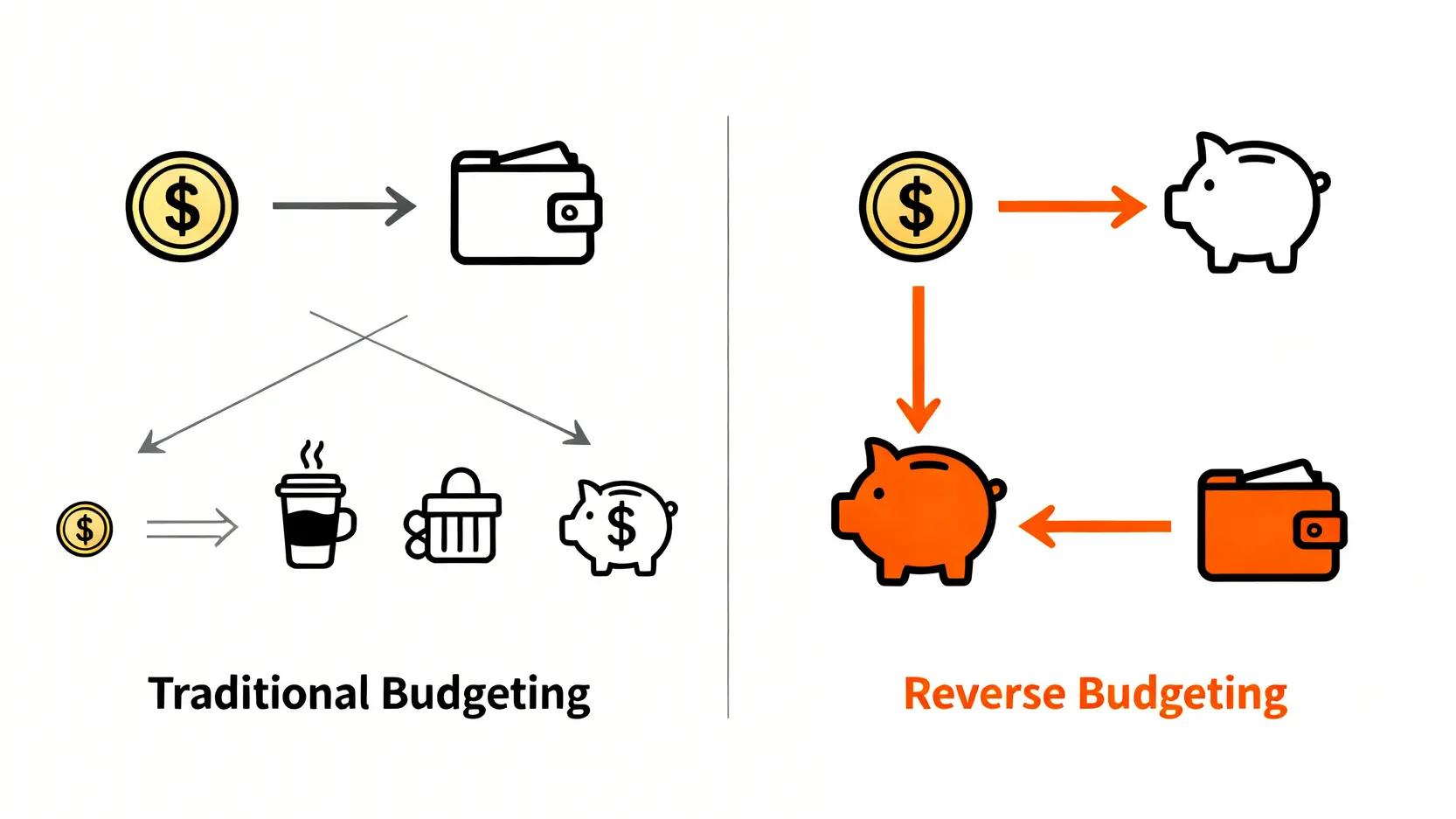 傳統預算與反向預算的流程對比圖,顯示了兩種方法的資金流動順序差異。