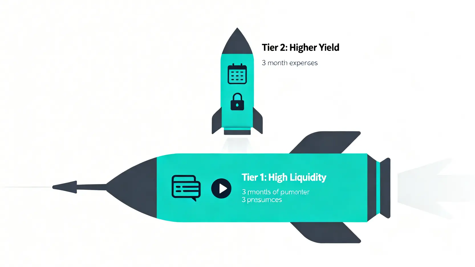 緊急預備金的兩級火箭策略示意圖,將資金分為高流動性的活存和較高收益的定存兩個部分。
