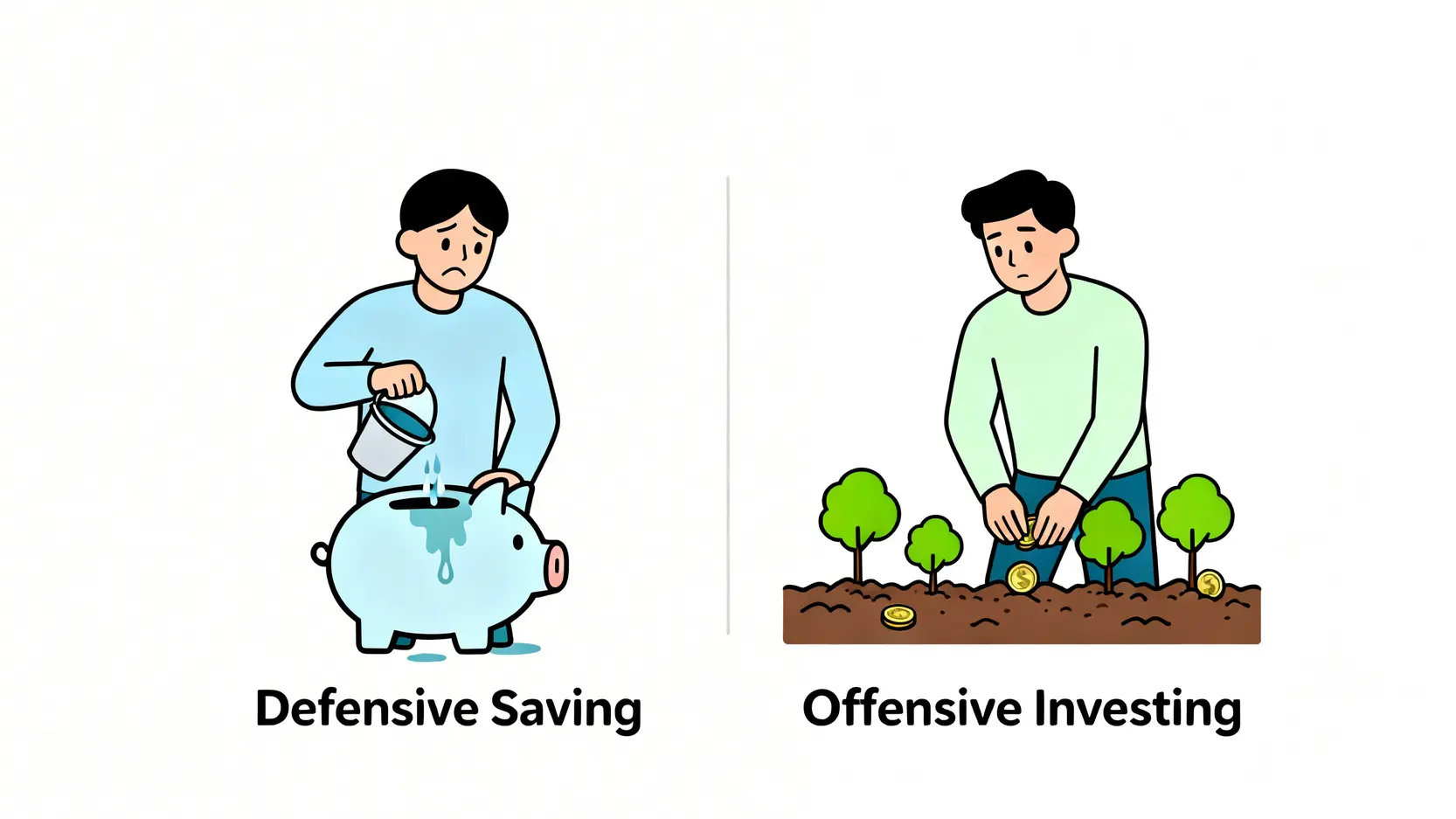 防守型省錢與進攻型理財的對比圖,左邊是努力接漏水撲滿的水滴,右邊是將金錢種植成小樹。