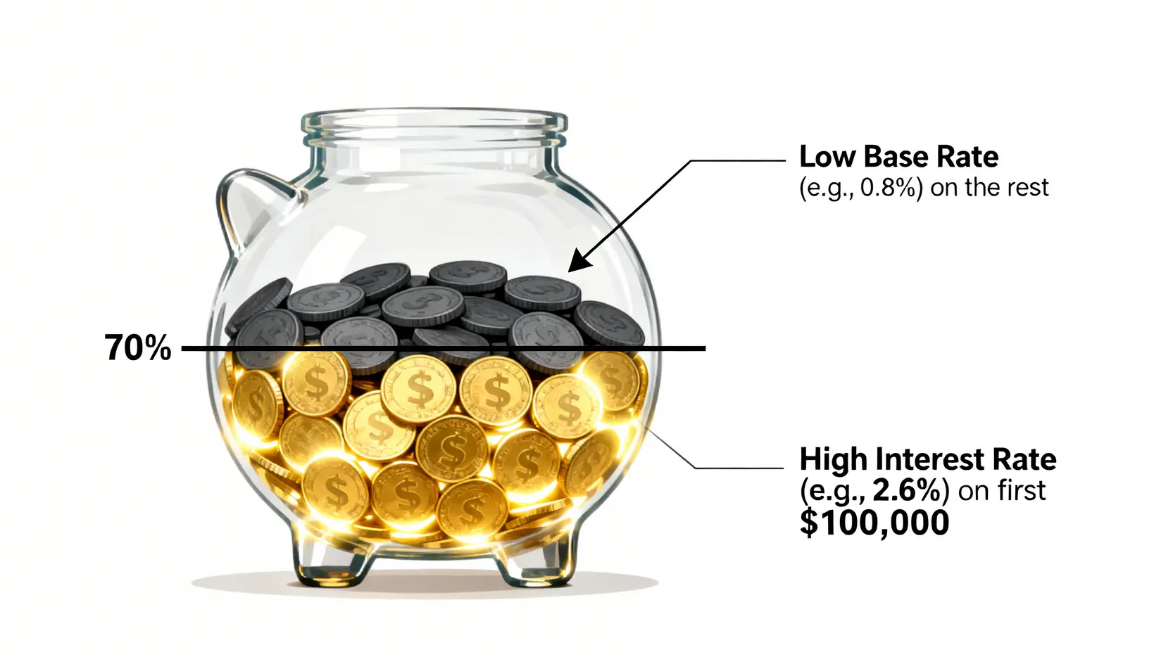 高利活存額度上限示意圖,一個撲滿裡大部分的錢享受高利率,超出額度的錢則是低利率,拉低了整體收益。