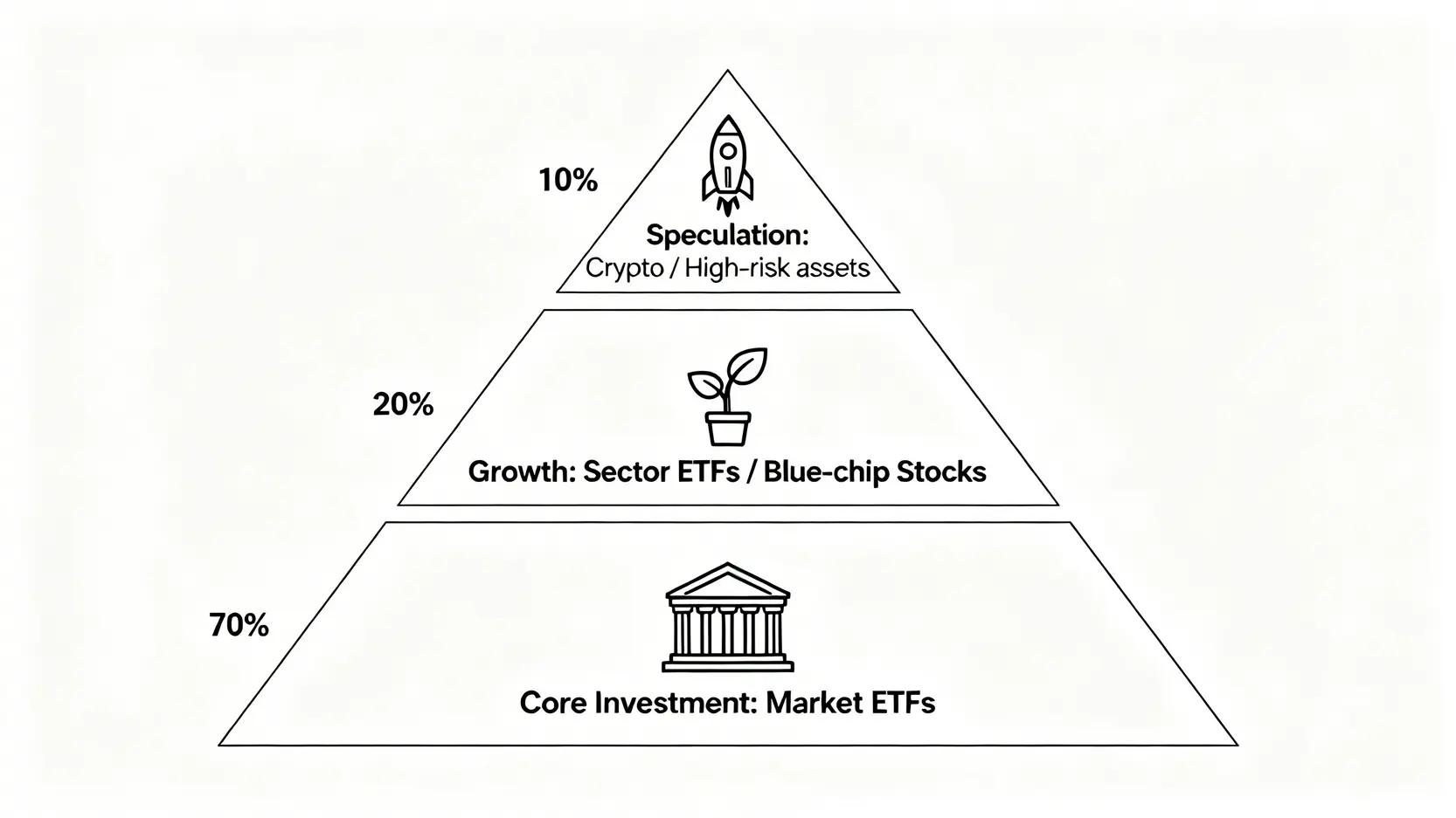 金字塔型資產配置圖,底層70%是穩健的市值型ETF,中層20%是績優股,頂層10%是高風險投機部位。